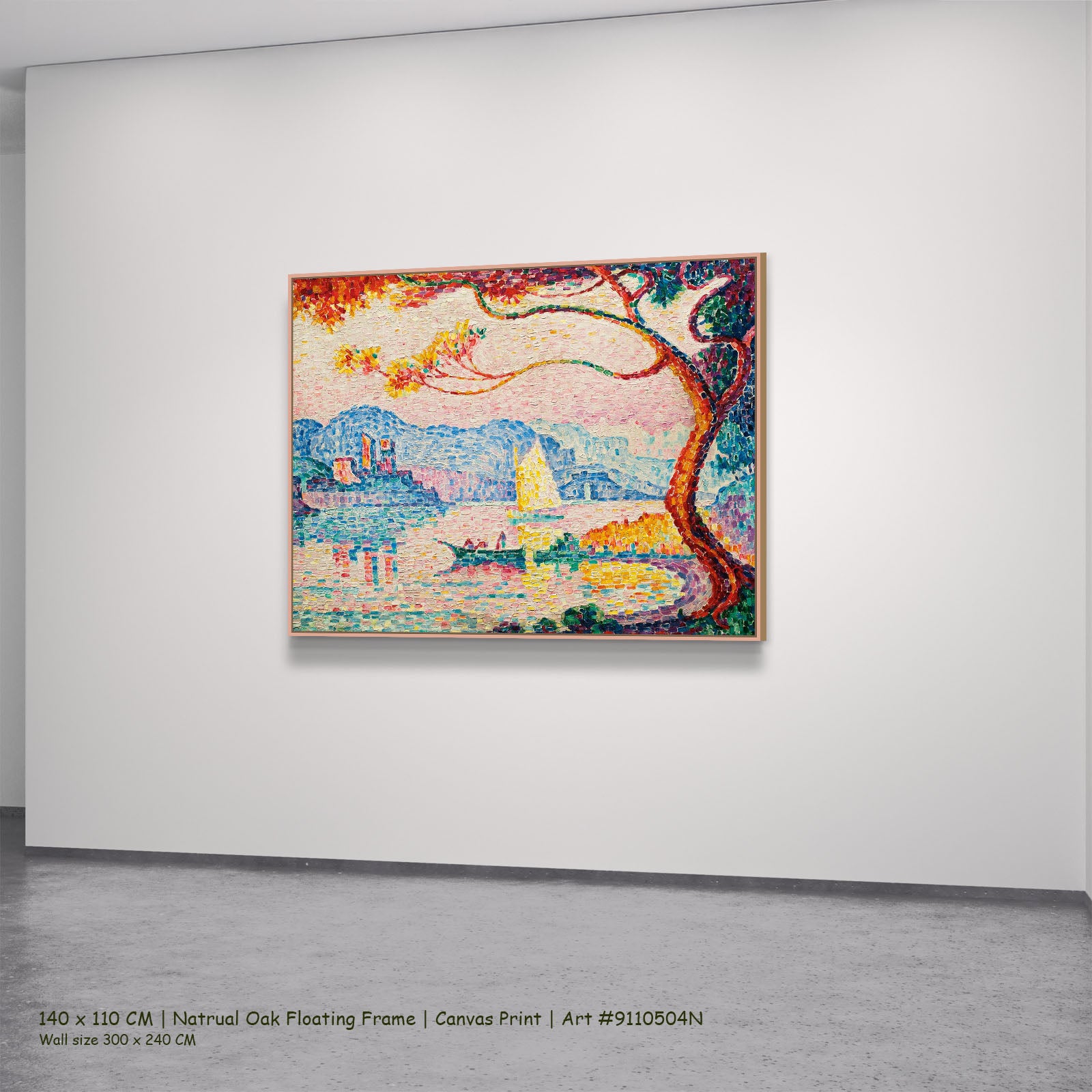 Antibes, Petit Port de Bacon by Paul Signac in a natural oak floating frame, large pink and aqua Pointillist canvas