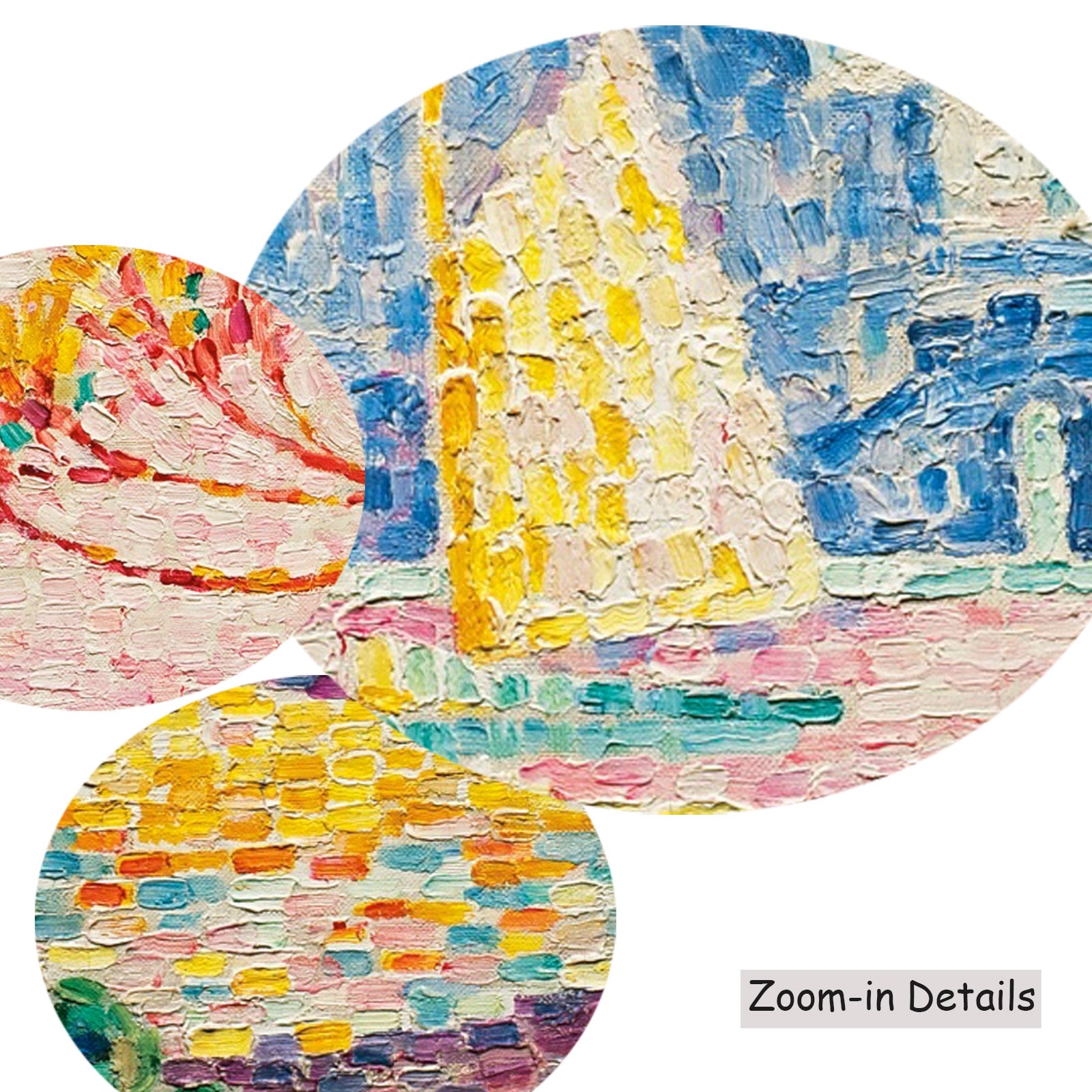 Close-up detail of the brushwork on Antibes, Petit Port de Bacon, a large pink and aqua Pointillist canvas by Paul Signac