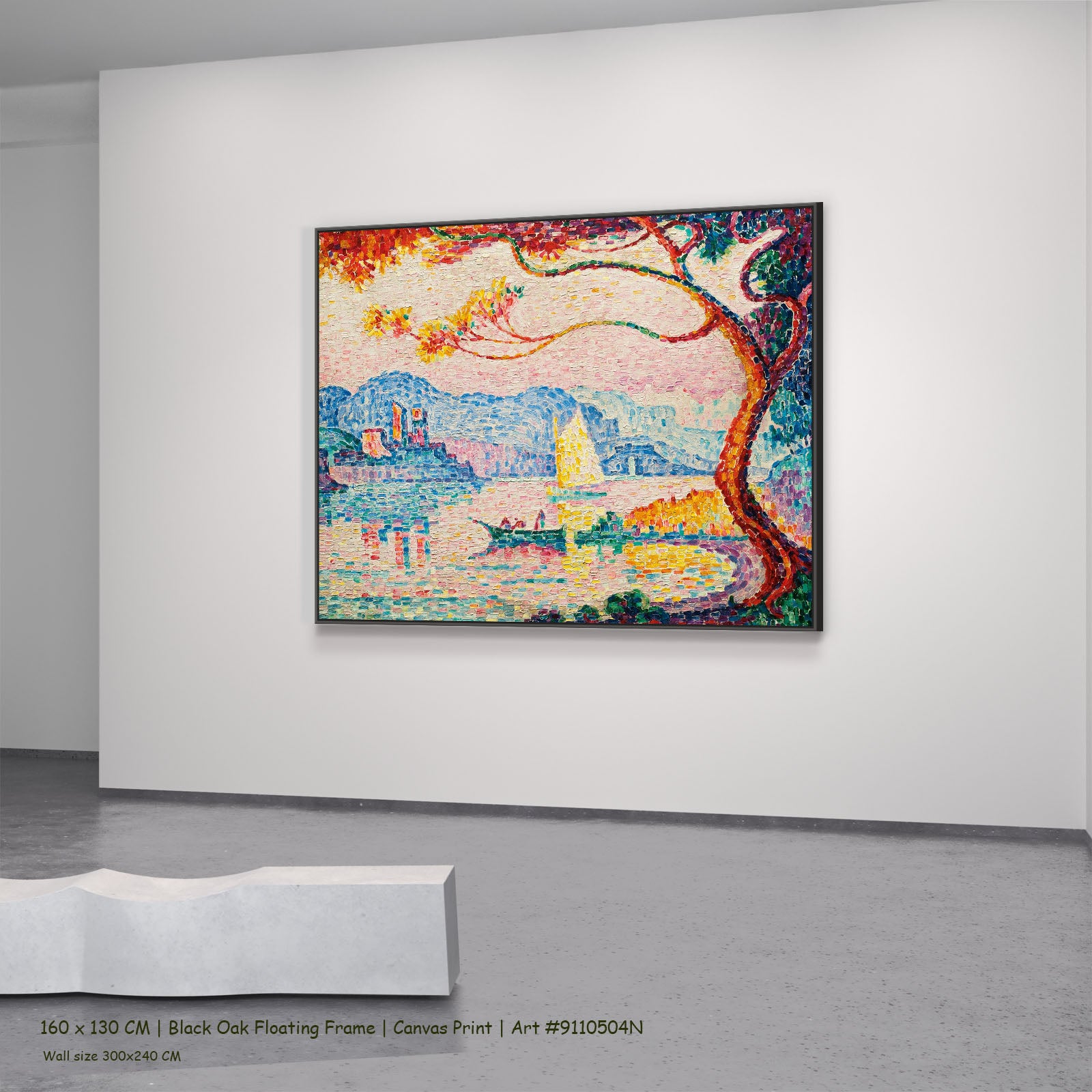 Antibes, Petit Port de Bacon by Paul Signac in a black oak floating frame, large pink and aqua Pointillist canvas
