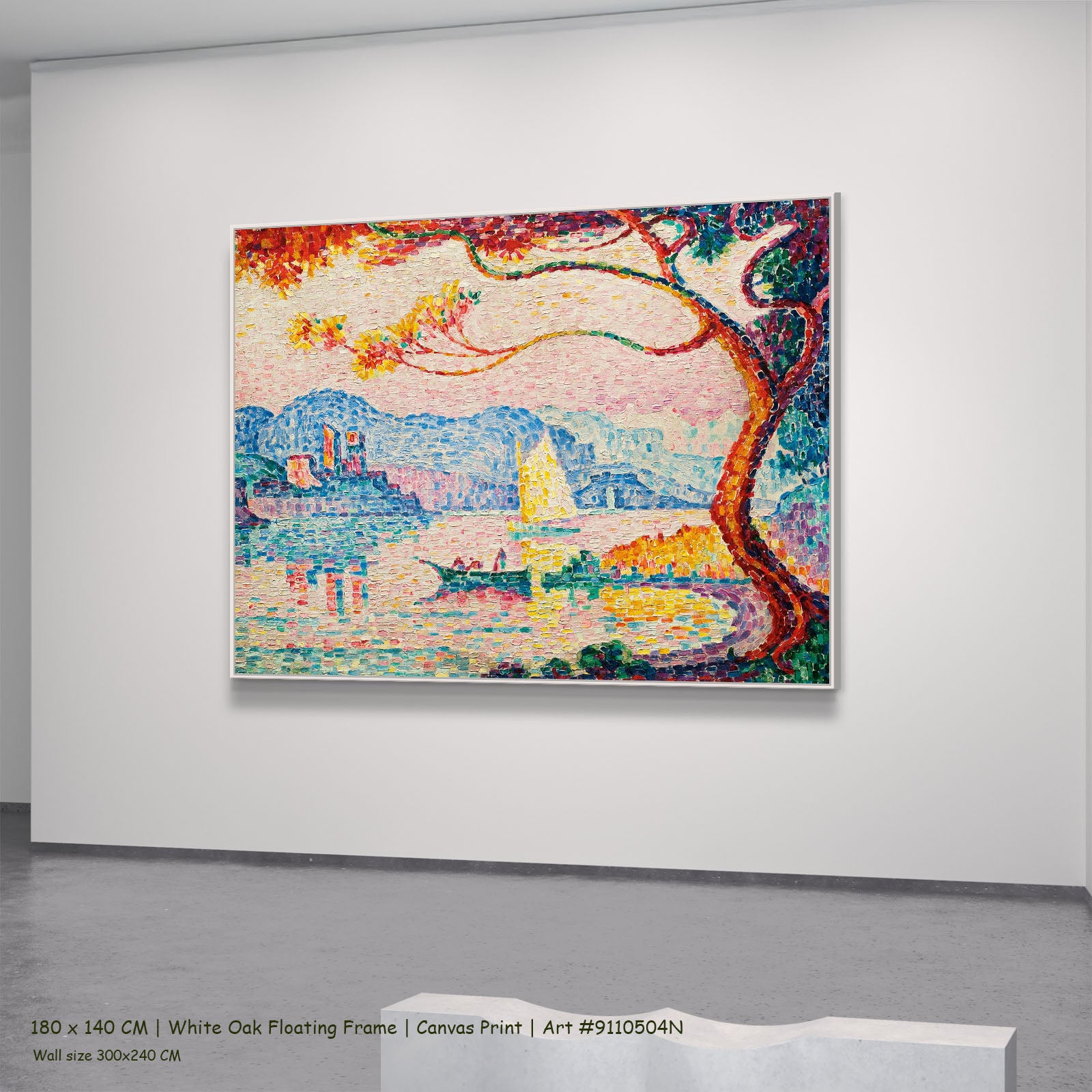Antibes, Petit Port de Bacon by Paul Signac in a white oak floating frame, large pink and aqua Pointillist canvas