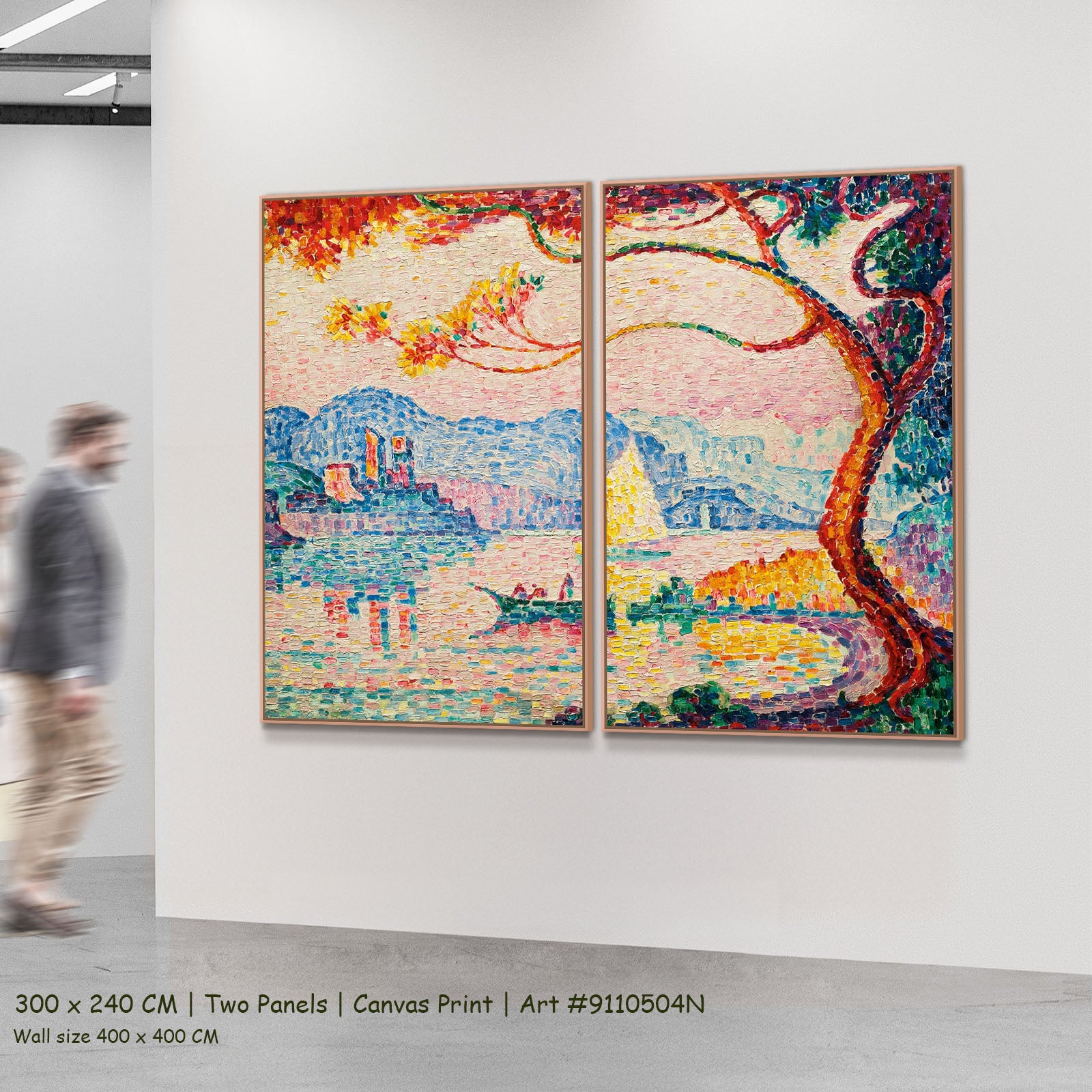 Antibes, Petit Port de Bacon by Paul Signac as a large two-panel pink and aqua Pointillist canvas set