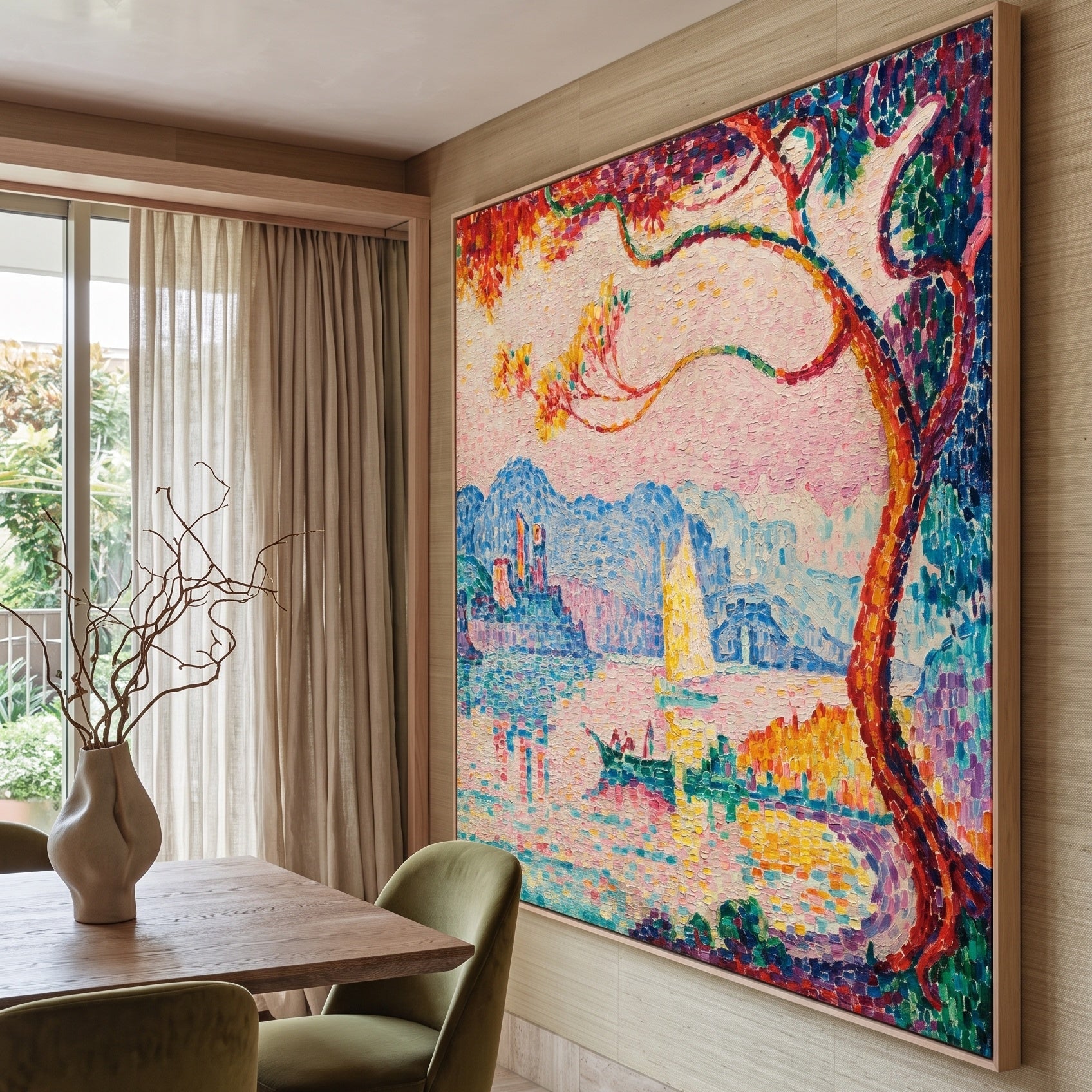 Antibes, Petit Port de Bacon by Paul Signac — large pink and aqua Pointillist canvas art displayed on a wall