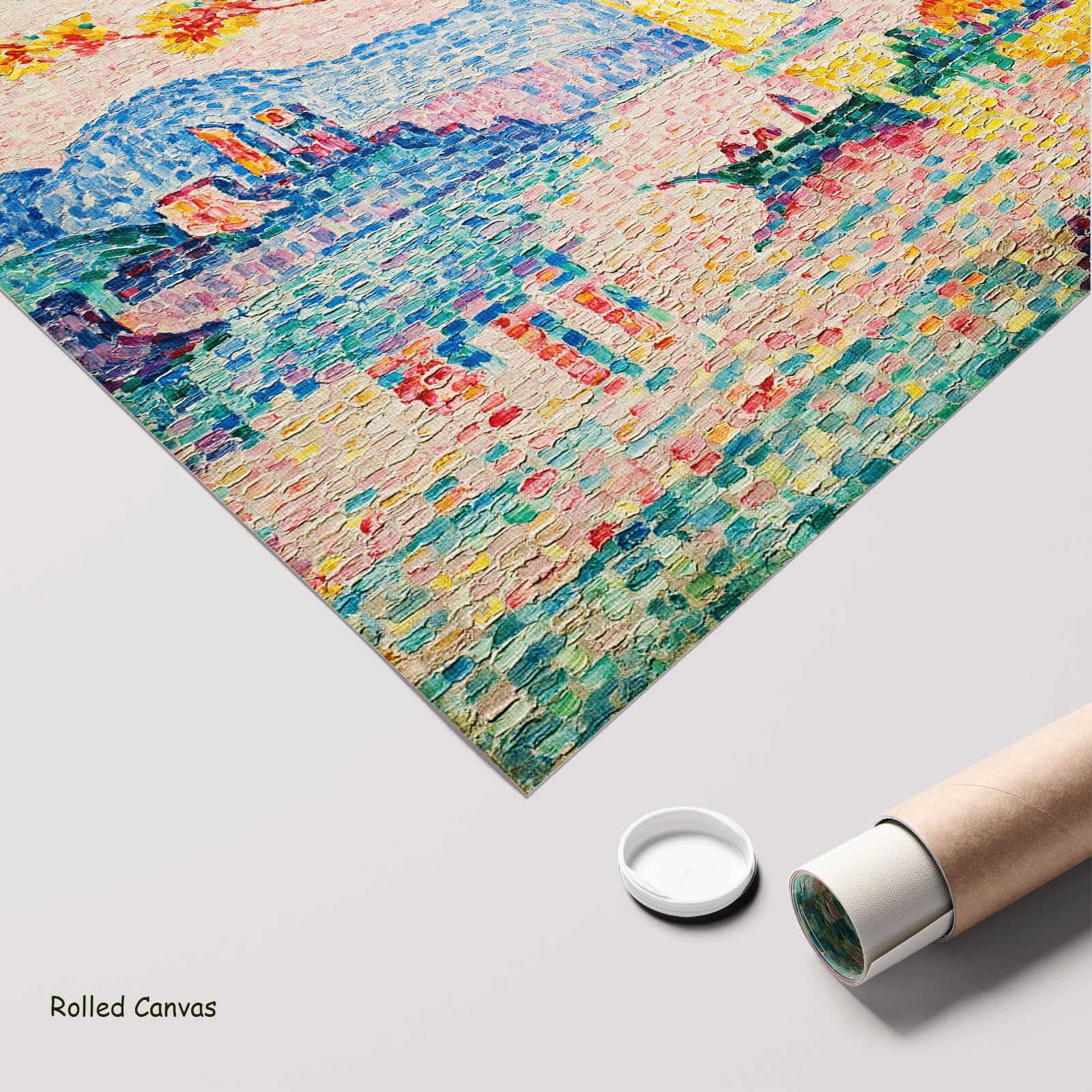 Antibes, Petit Port de Bacon by Paul Signac as a large rolled pink and aqua Pointillist canvas print