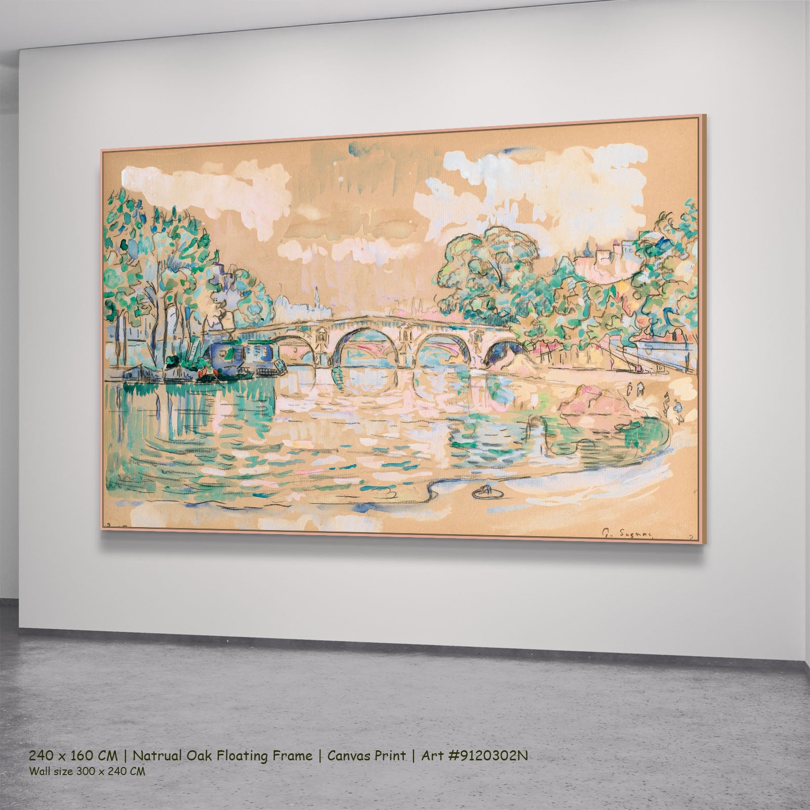 Paris, Le Pont Marie by Paul Signac in a natural oak floating frame, large brown and green Pointillist canvas