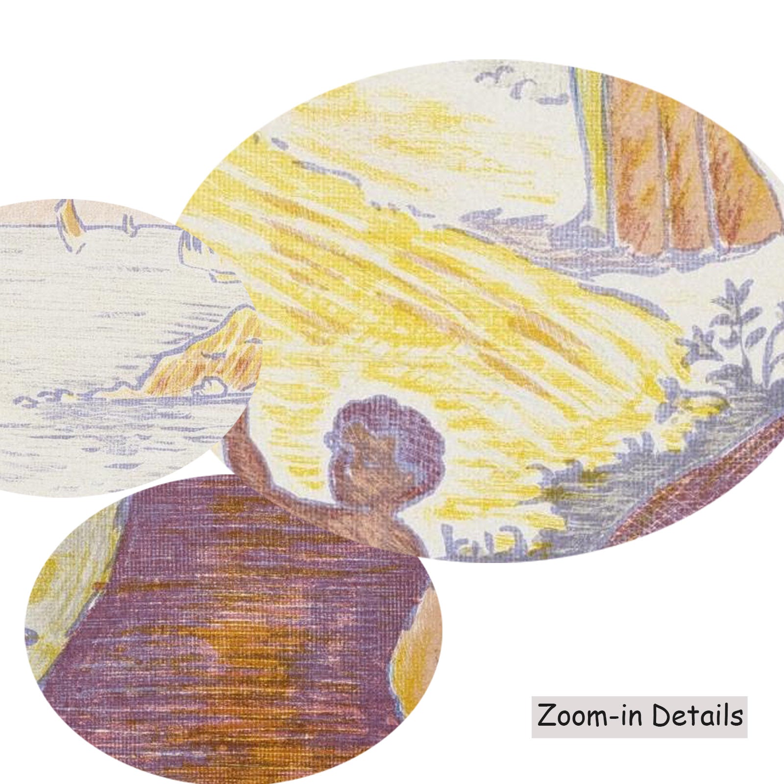 Close-up detail of the brushwork on The Joy of Life — Sunday, a large gold and purple Pointillist canvas by Paul Signac