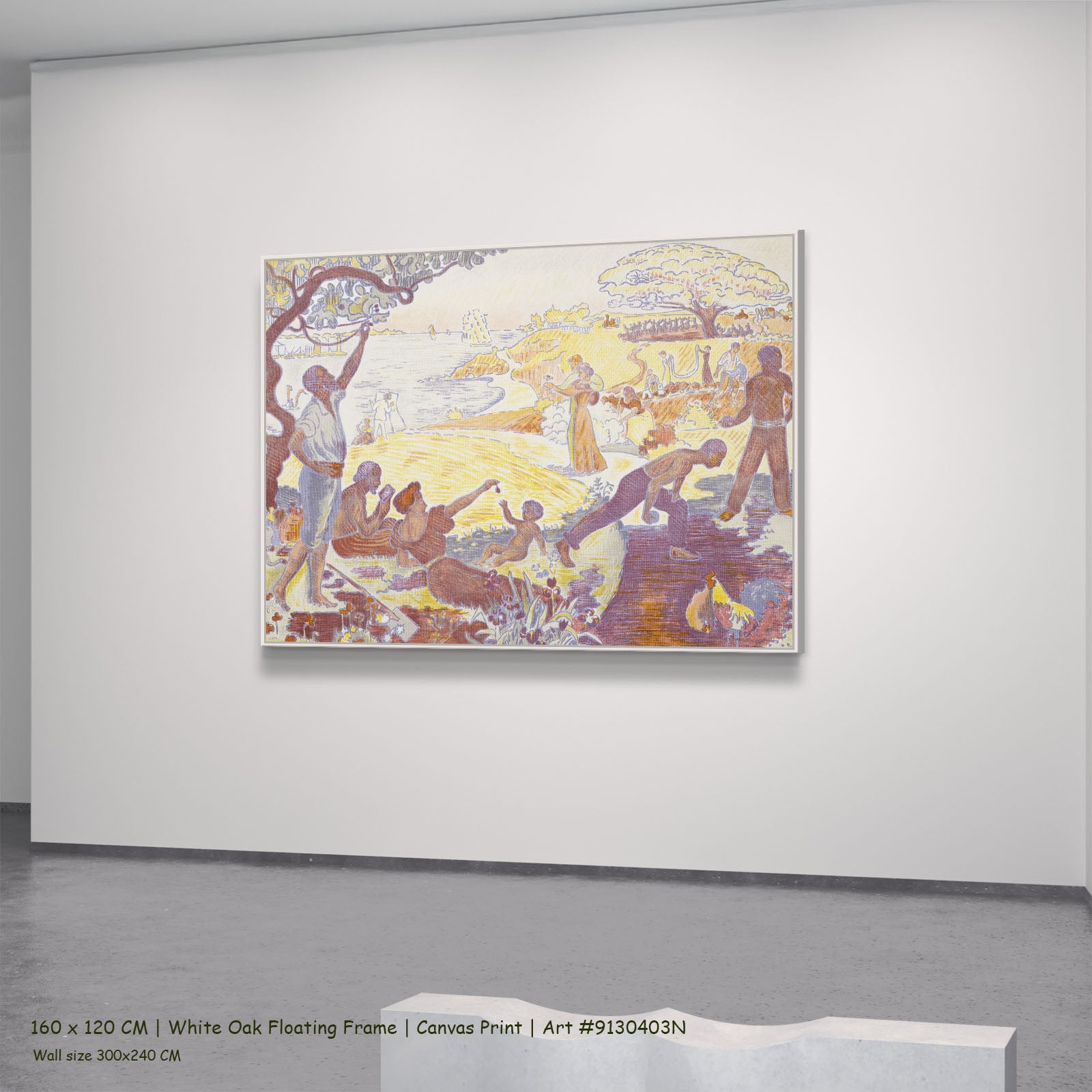The Joy of Life — Sunday by Paul Signac in a white oak floating frame, large gold and purple Pointillist canvas