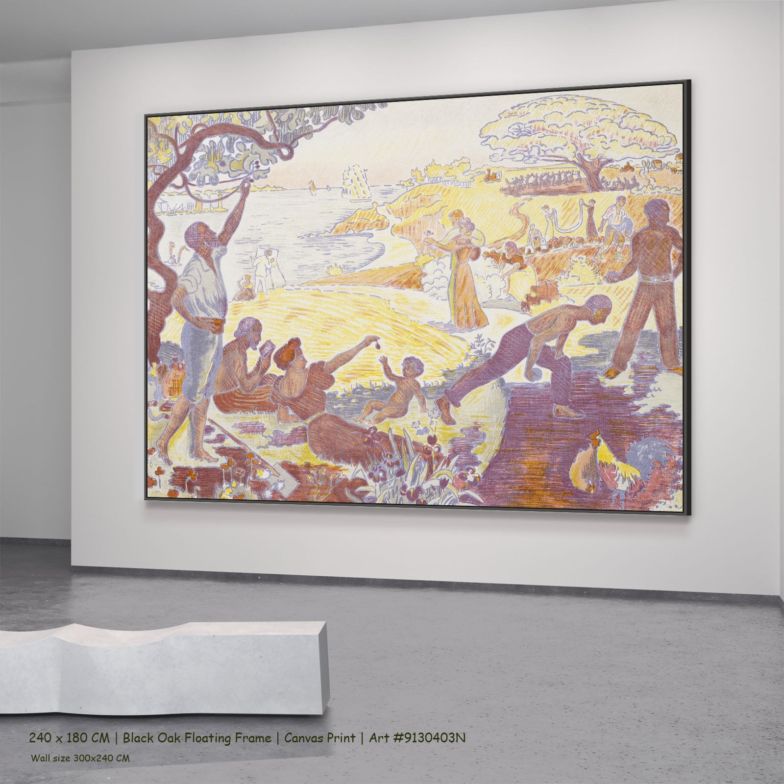 The Joy of Life — Sunday by Paul Signac in a black oak floating frame, large gold and purple Pointillist canvas