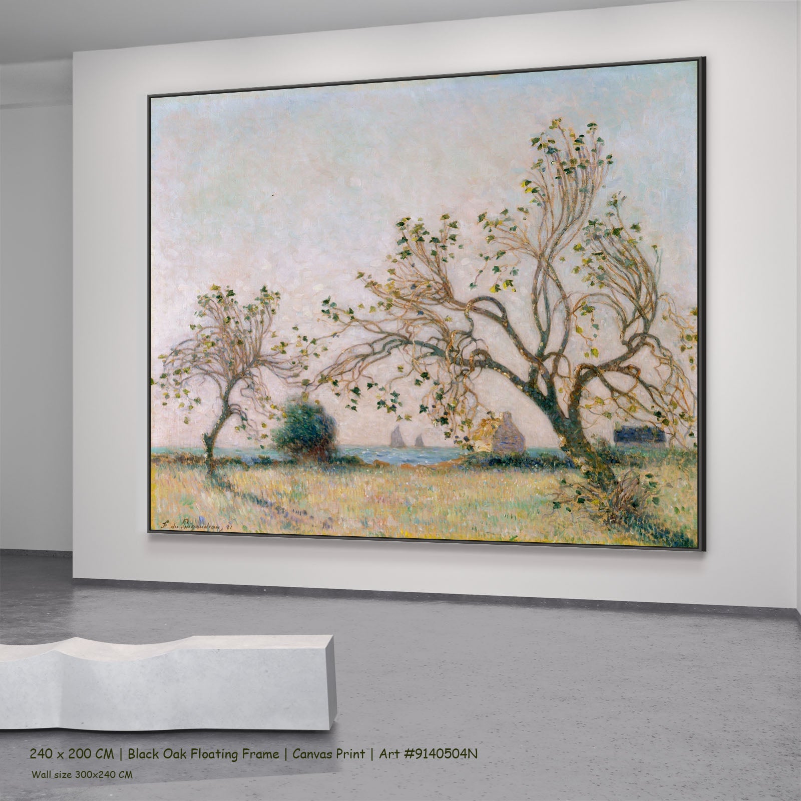Sunset of the Breton Coast by Ferdinand du Puigaudeau in a black oak floating frame, large gold and green Impressionist canva