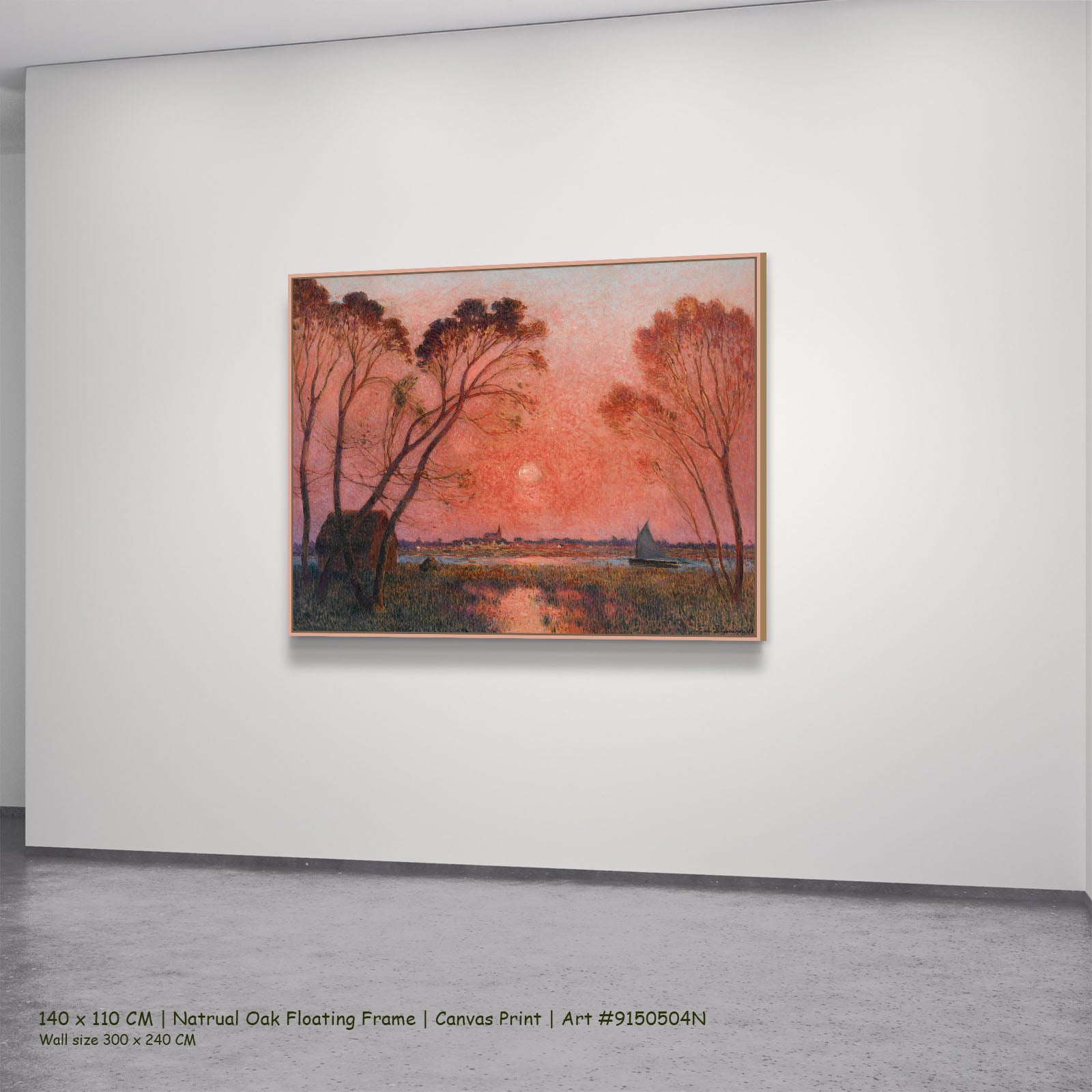 Sunrise by Ferdinand du Puigaudeau in a natural oak floating frame, large pink and red Impressionist canvas