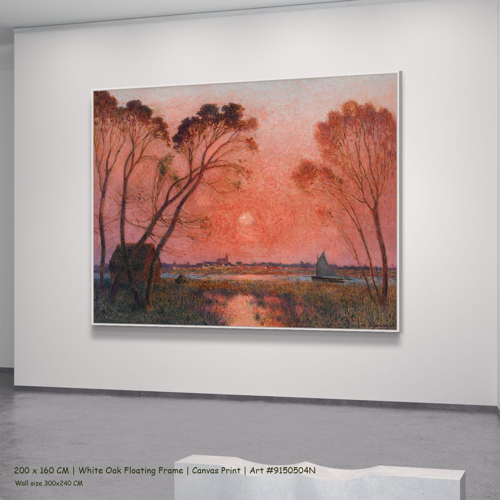 Sunrise by Ferdinand du Puigaudeau in a white oak floating frame, large pink and red Impressionist canvas