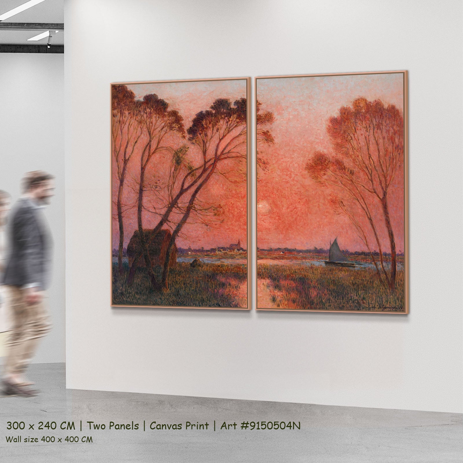 Sunrise by Ferdinand du Puigaudeau as a large two-panel pink and red Impressionist canvas set