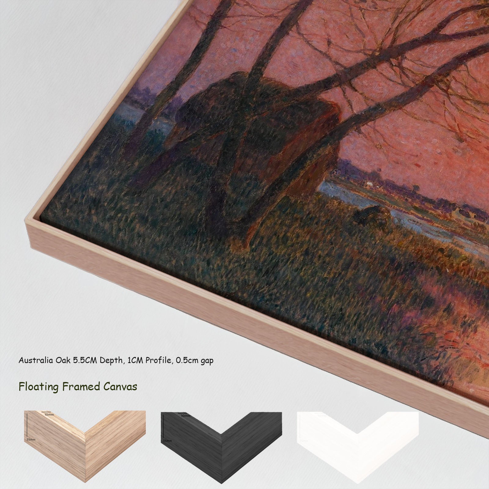 Sunrise by Ferdinand du Puigaudeau in a floating frame, large pink and red Impressionist canvas print