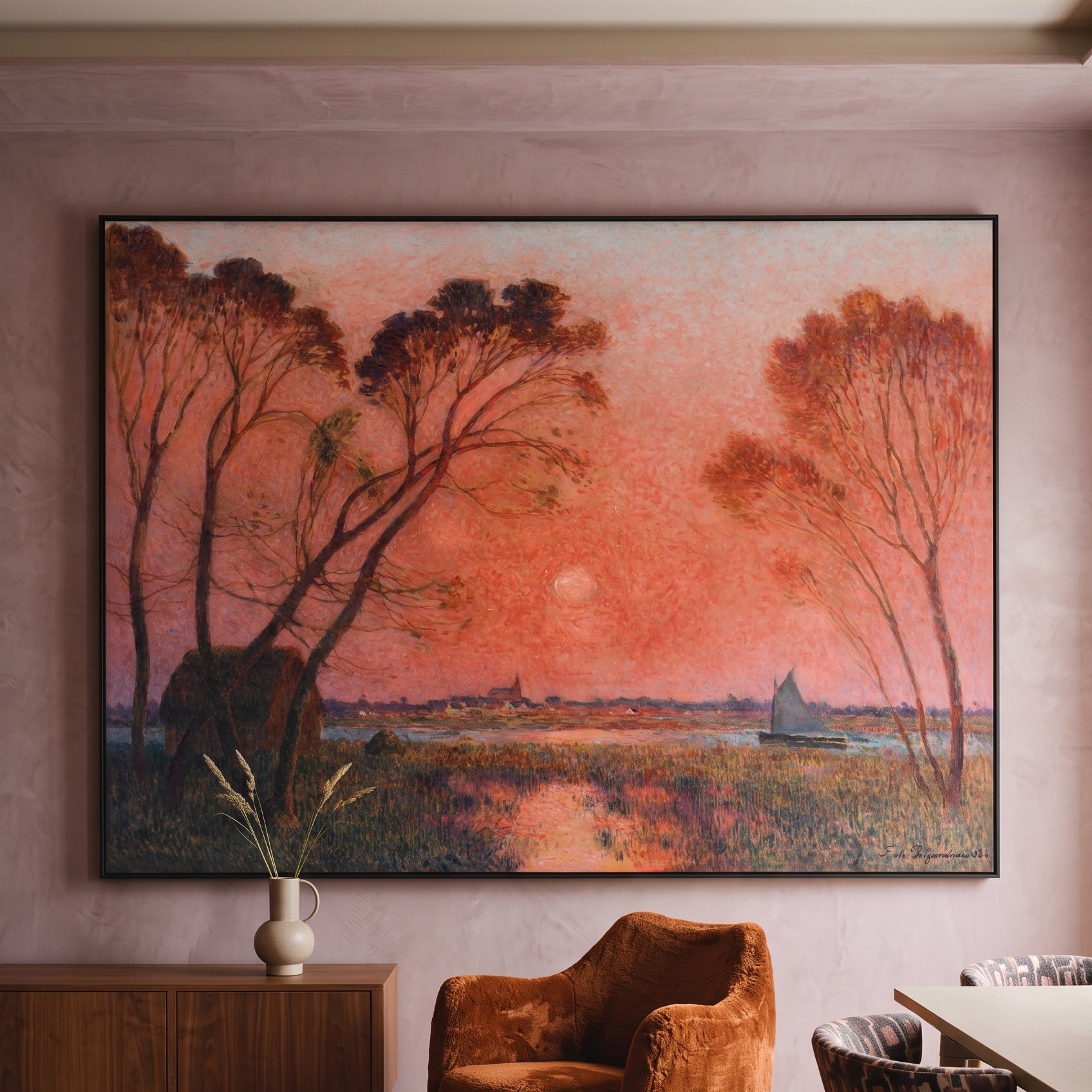 Sunrise by Ferdinand du Puigaudeau — large pink and red Impressionist canvas art on a living room wall