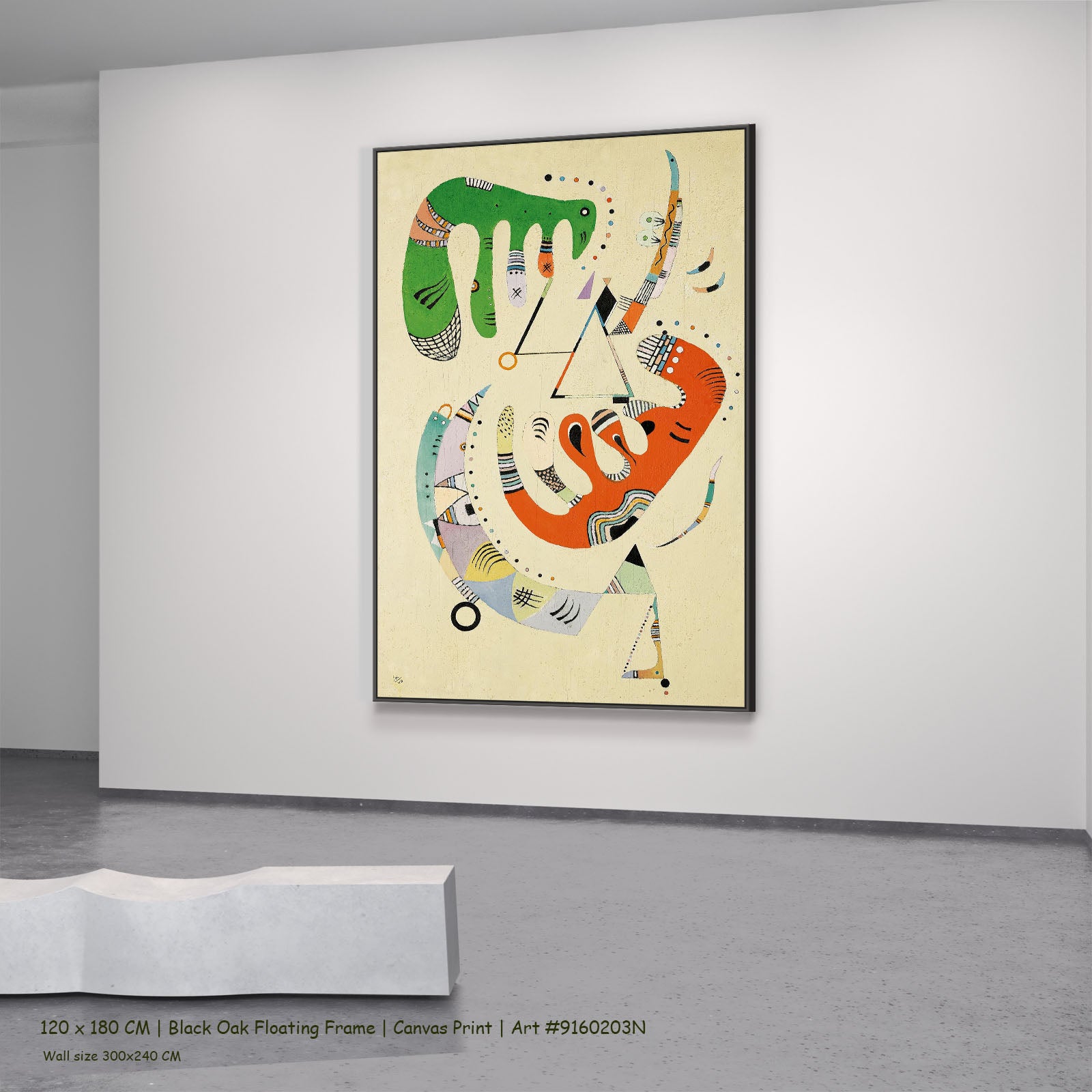 Biomorphic Composition by Wassily Kandinsky in a black oak floating frame, large green and orange Modern Abstract canvas