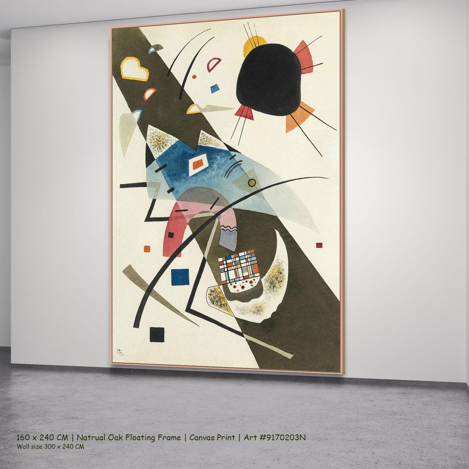 Diagonal Composition by Wassily Kandinsky in a natural oak floating frame, large brown and blue Abstract canvas
