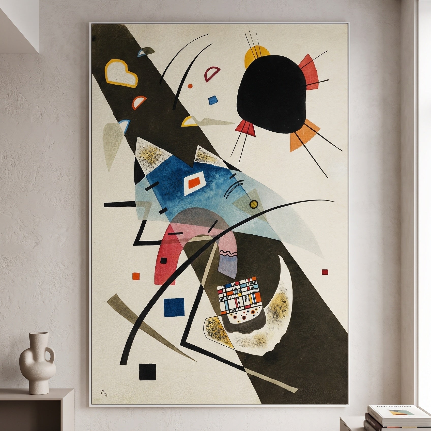 Diagonal Composition by Wassily Kandinsky — large brown and blue Abstract canvas art on a hallway wall