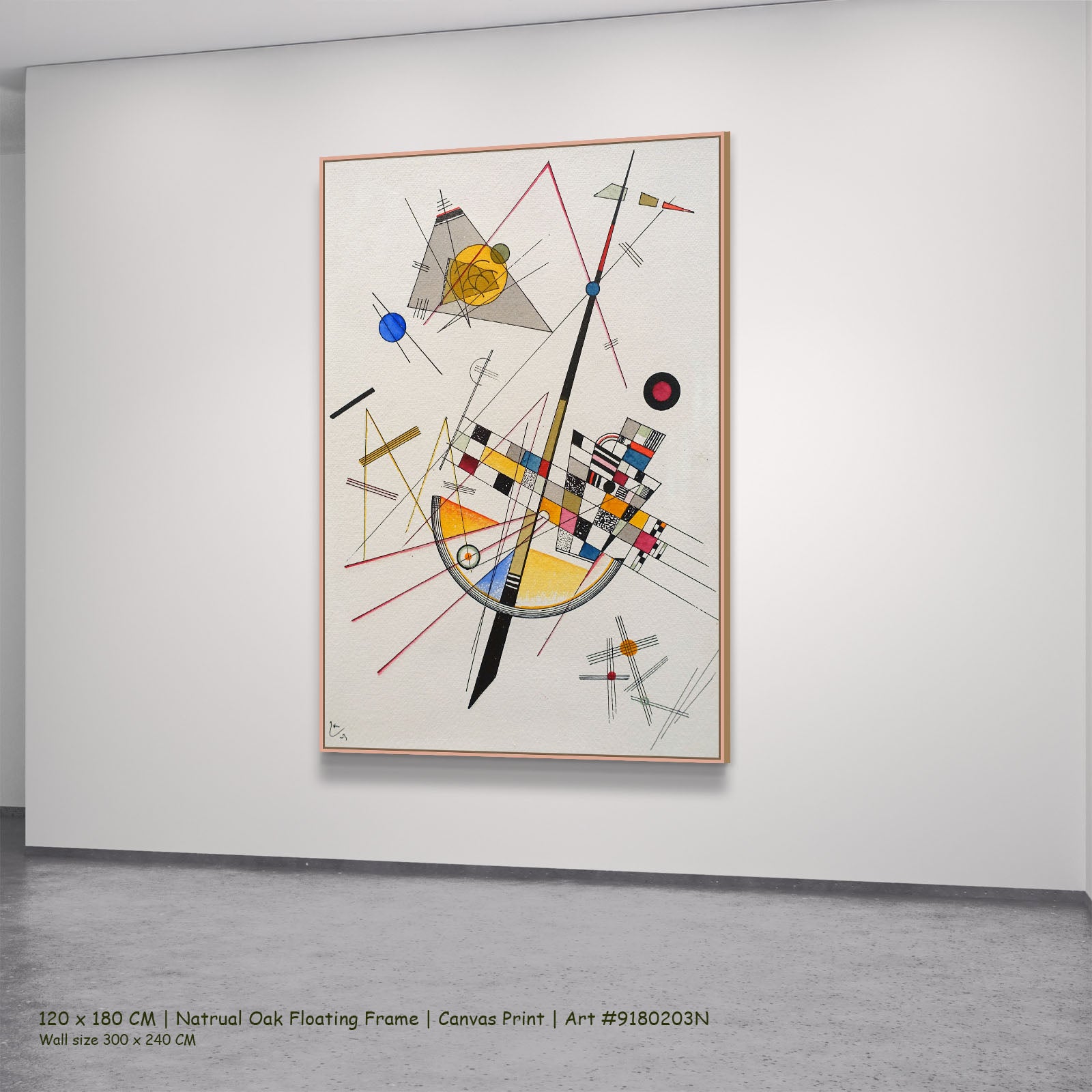Delicate Tension by Wassily Kandinsky in a natural oak floating frame, large white and grey Geometric Abstract canvas