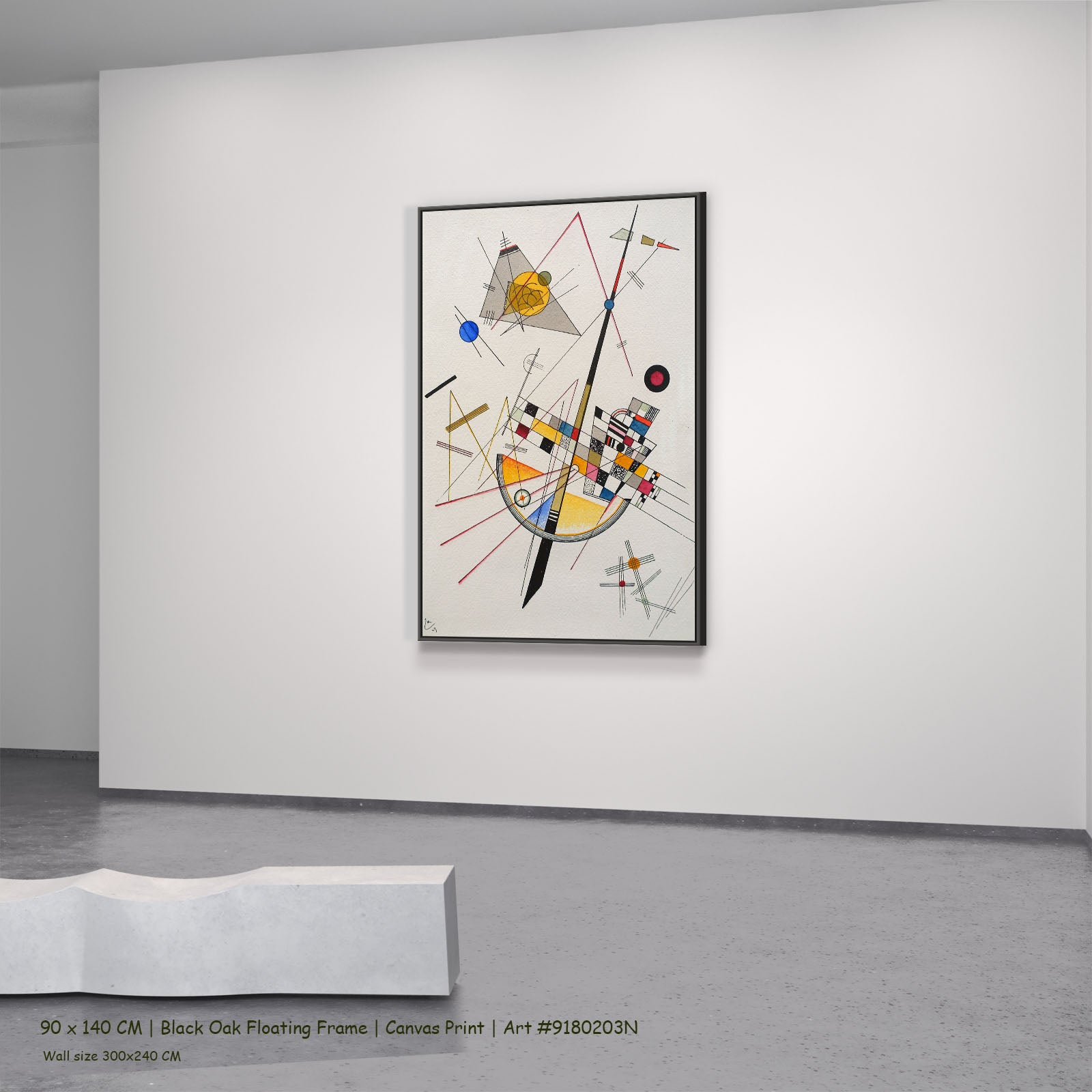 Delicate Tension by Wassily Kandinsky in a black oak floating frame, large white and grey Geometric Abstract canvas
