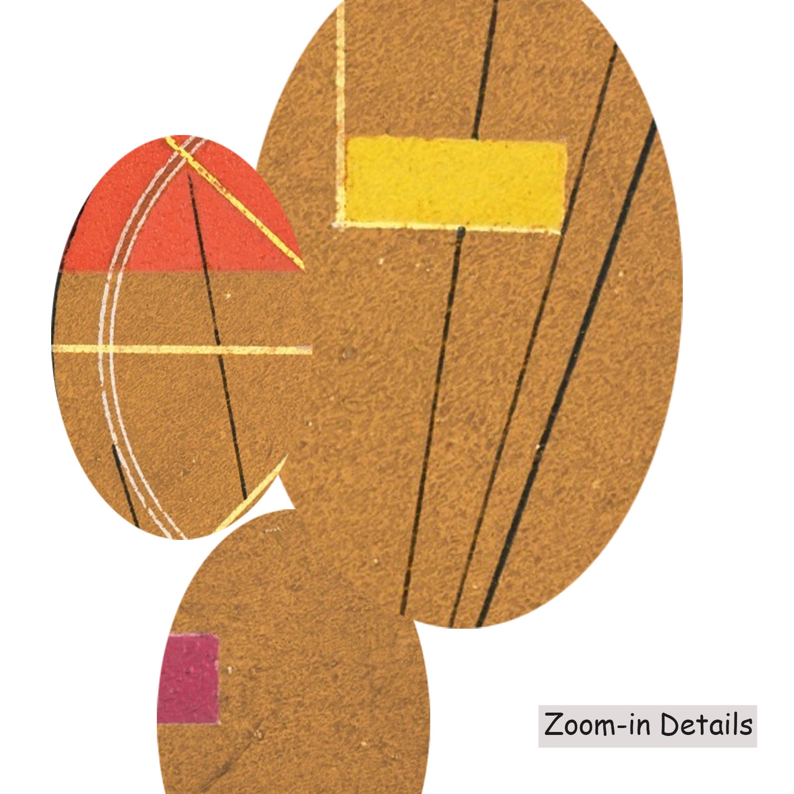 Close-up detail of the brushwork on Circle and Rays on Ochre, a large gold and red Colourful Abstract canvas by Wassily Kandi