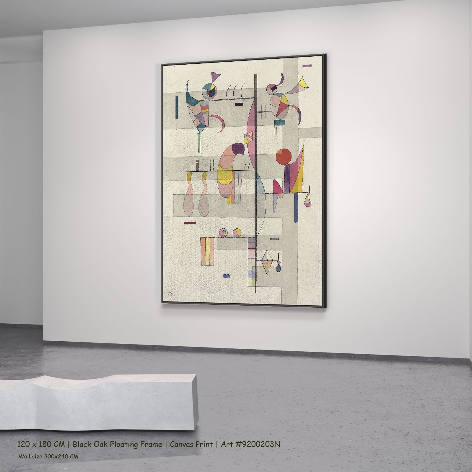 Vertical Axis with Pastel Forms by Wassily Kandinsky in a black oak floating frame, large white and grey Modern Abstract canv