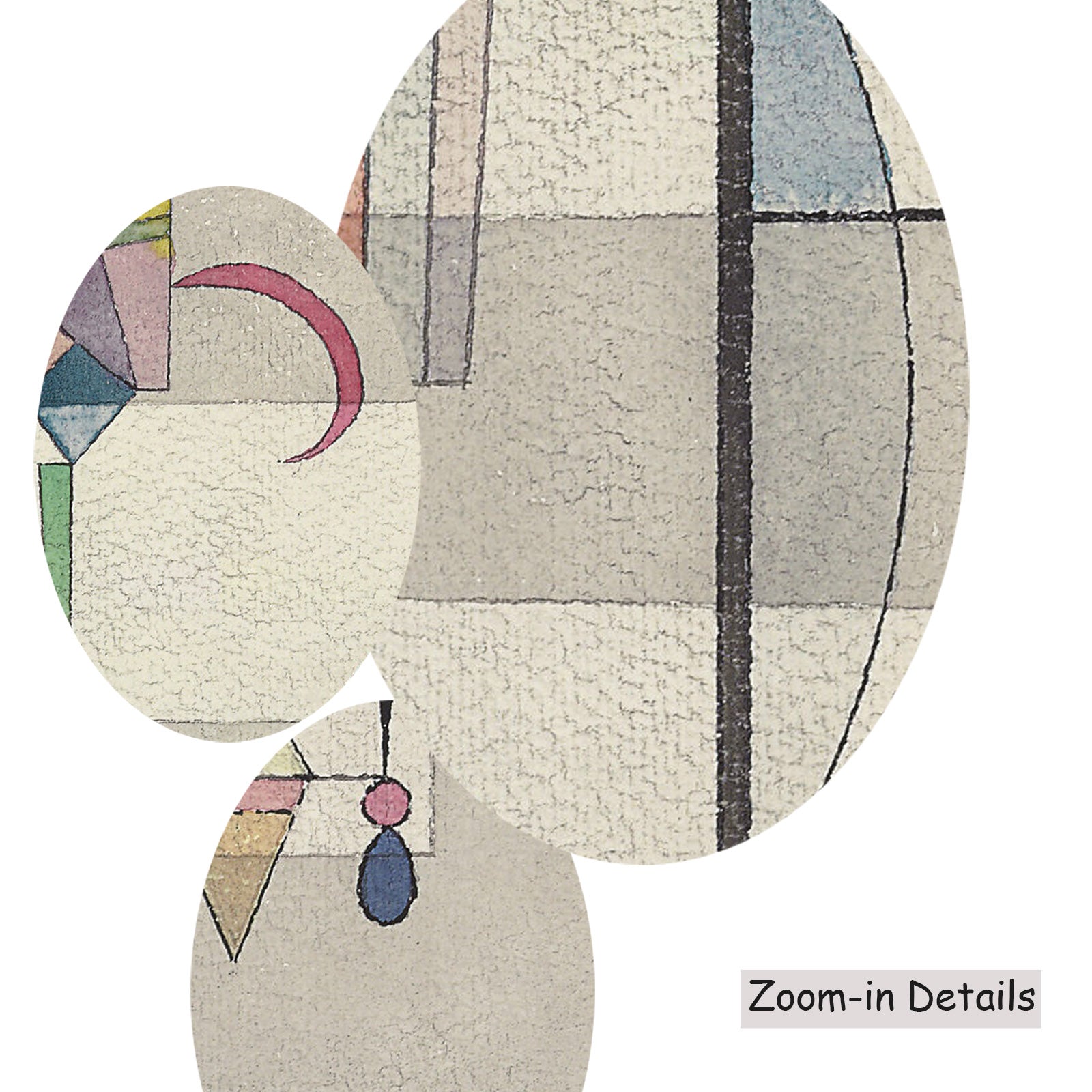 Close-up detail of the brushwork on Vertical Axis with Pastel Forms, a large white and grey Modern Abstract canvas by Wassily