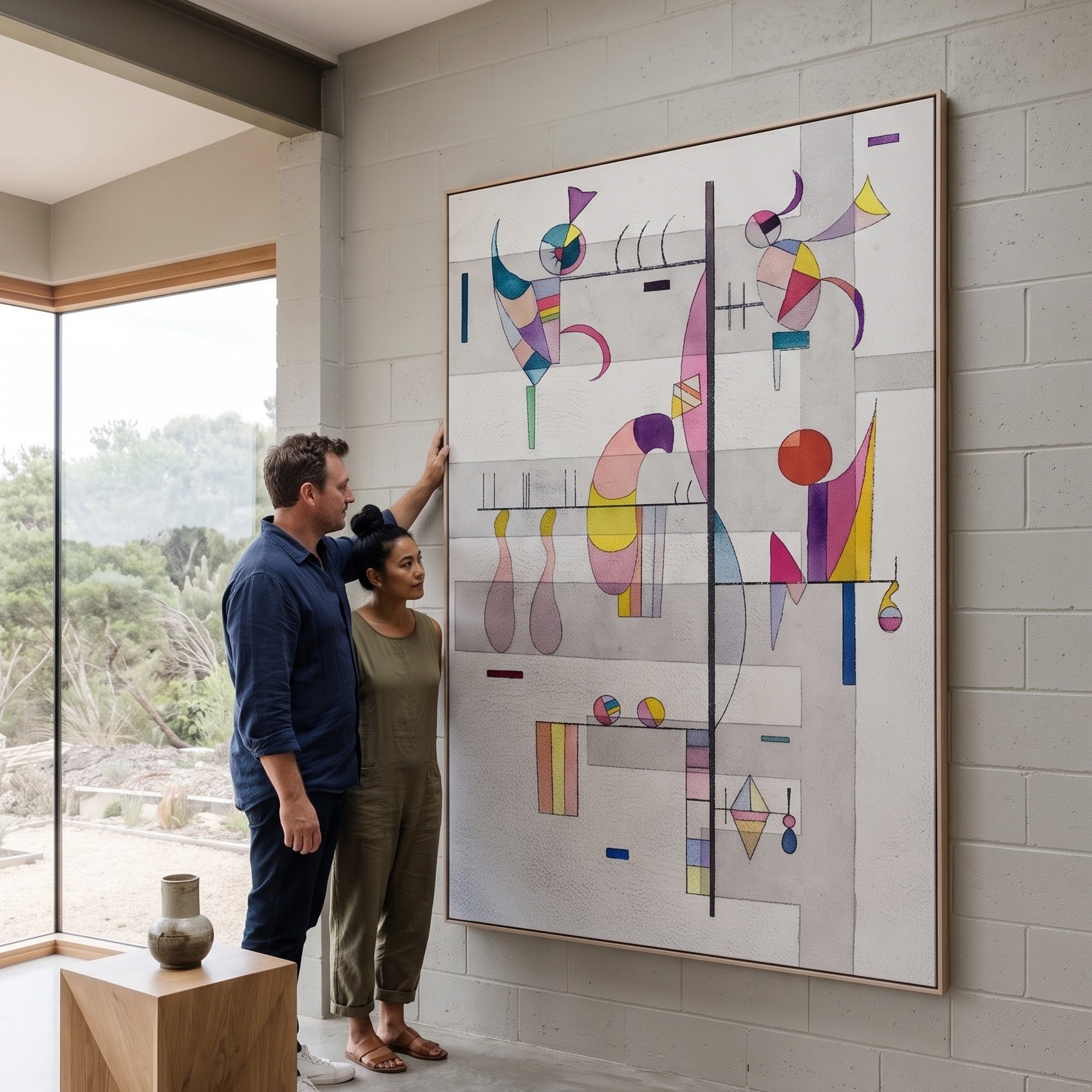 Vertical Axis with Pastel Forms by Wassily Kandinsky — large white and grey Modern Abstract canvas art on a living room wall