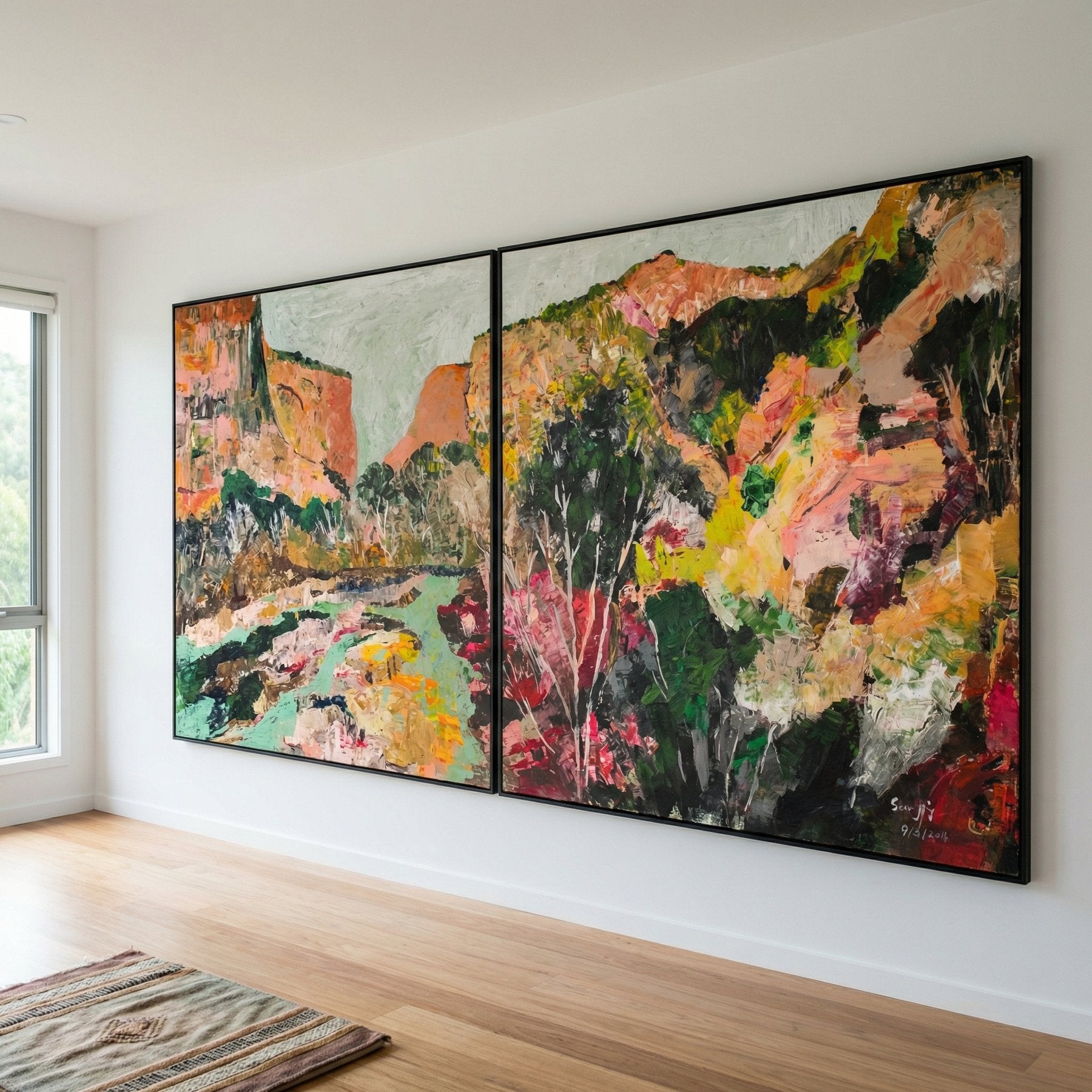 Path of Water Abstract Landscape canvas wall art framed and hung on a wall, 200 × 100 cm, by Summer Jiang