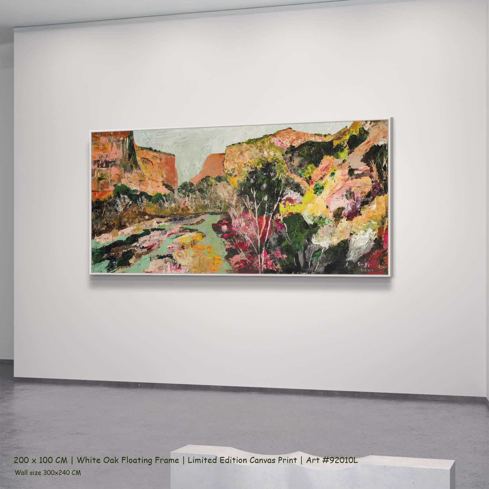 Path of Water Abstract canvas wall art in a white oak floating frame, 200 × 100 cm