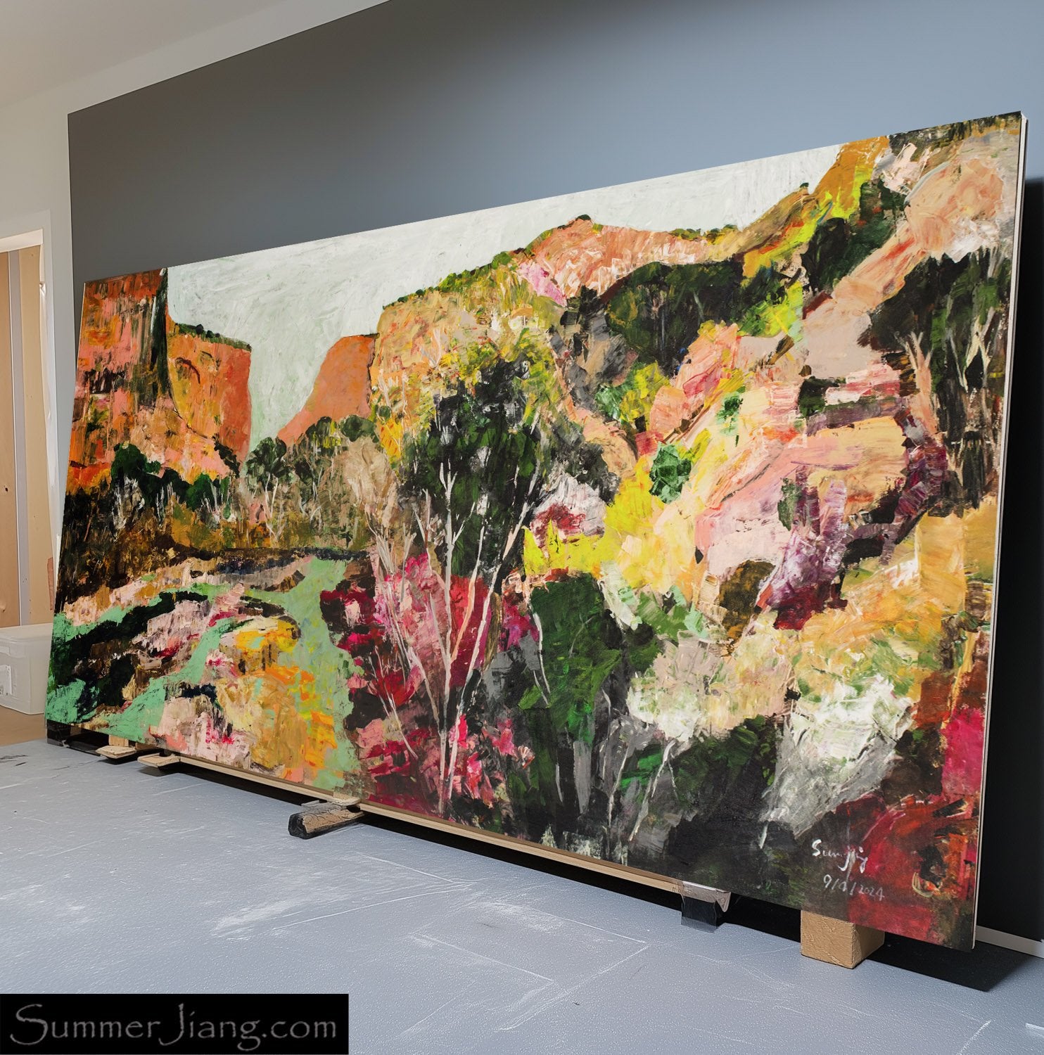Path of Water Extra Large Abstract canvas wall art shown in a styled room by Summer Jiang
