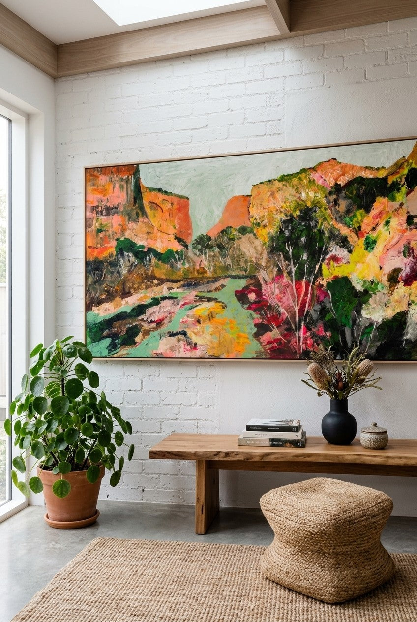 Path of Water by Summer Jiang — large orange and green Landscape canvas art displayed on a wall