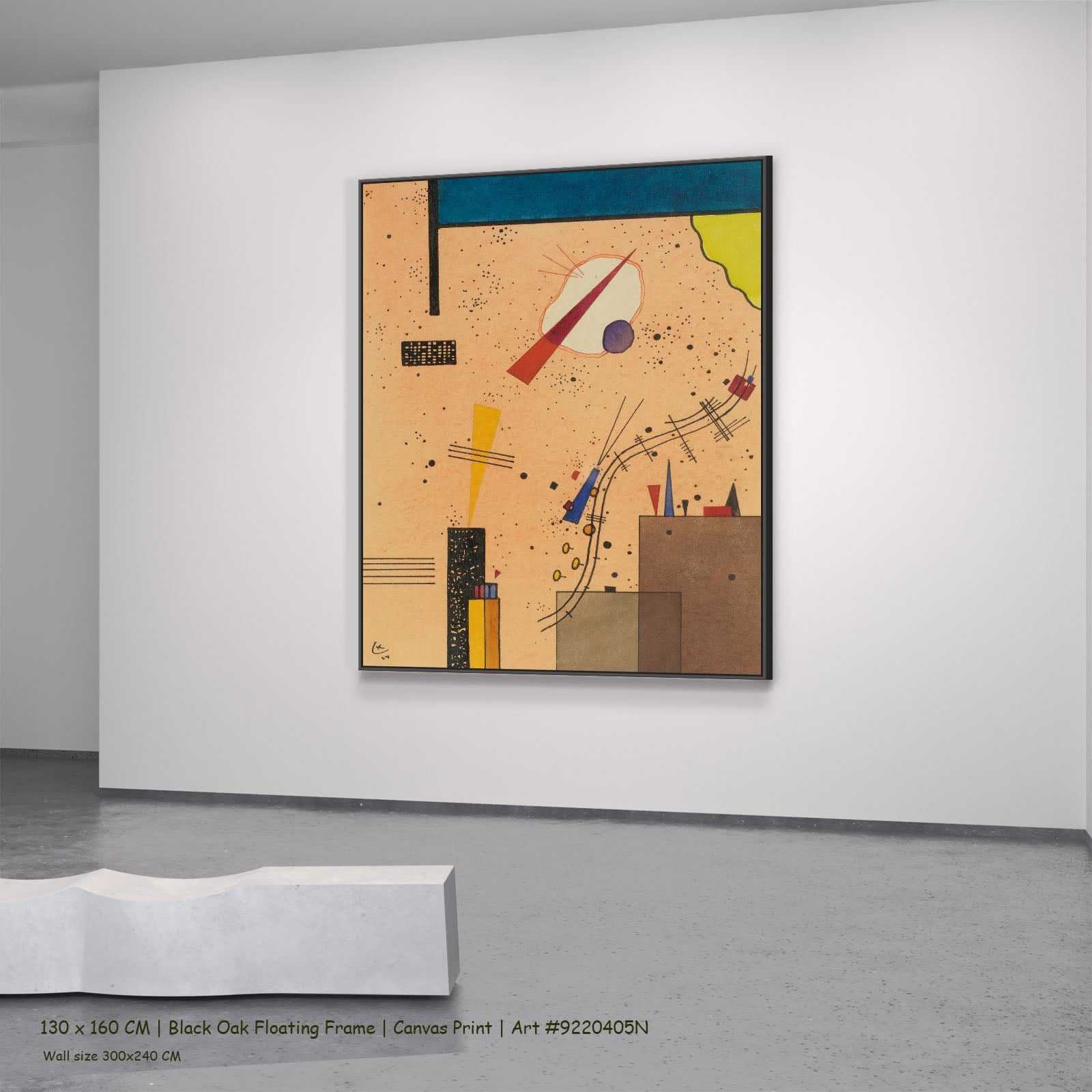 Speckled Ground with Buildings by Wassily Kandinsky in a black oak floating frame, large gold and blue Geometric Abstract can