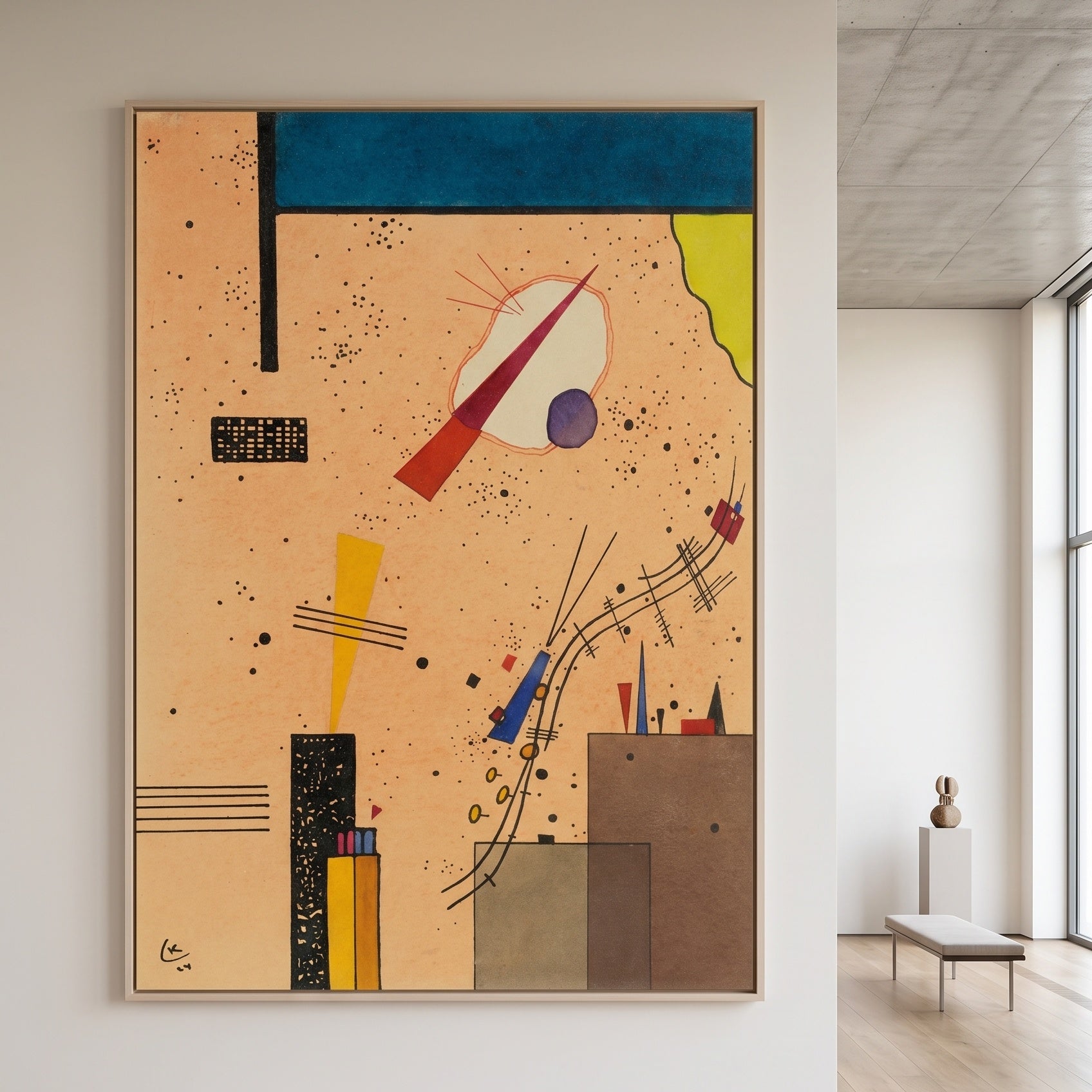 Speckled Ground with Buildings by Wassily Kandinsky — large gold and blue Geometric Abstract canvas art on a hallway wall