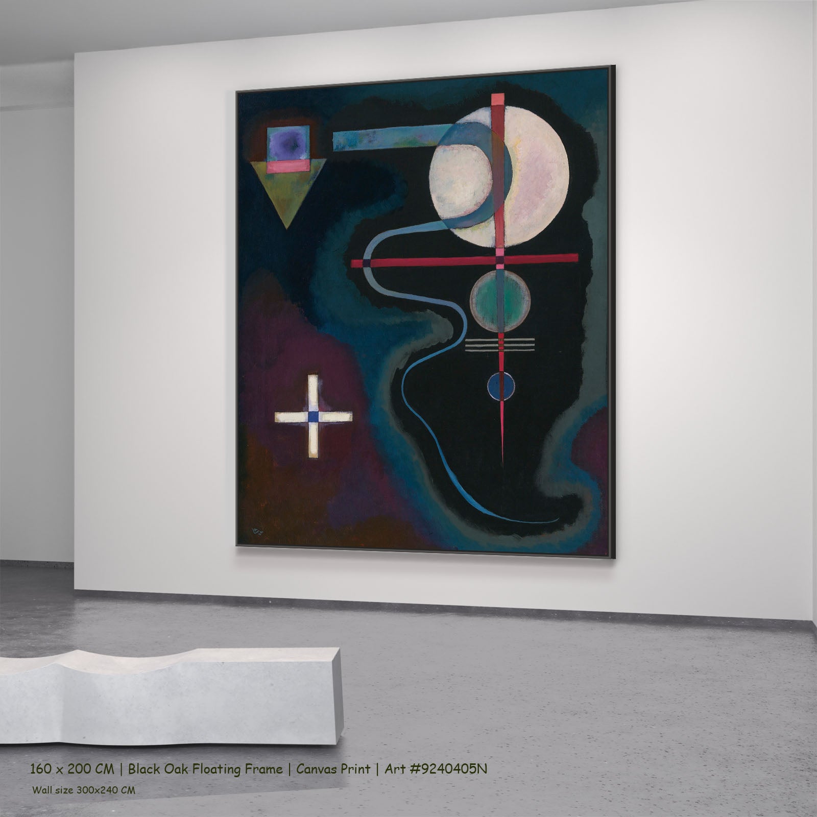 White Cross by Wassily Kandinsky in a black oak floating frame, large blue and black Modern Abstract canvas