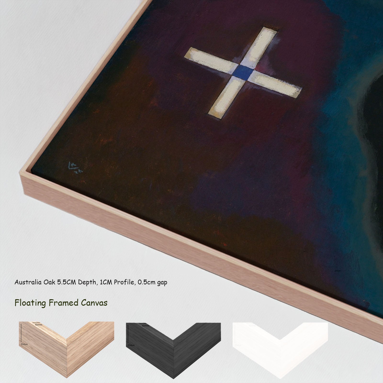 White Cross by Wassily Kandinsky in a floating frame, large blue and black Modern Abstract canvas print