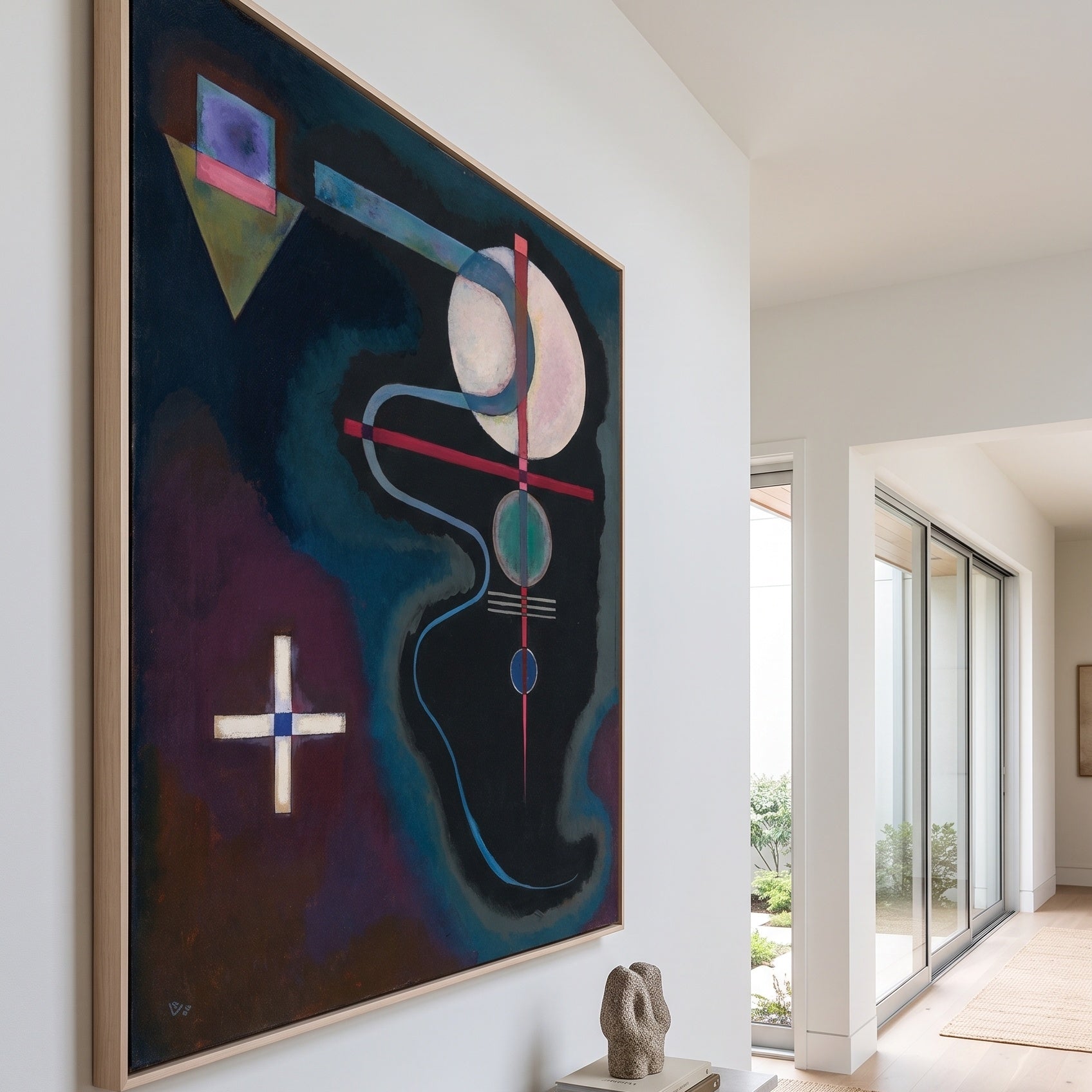 White Cross by Wassily Kandinsky — large blue and black Modern Abstract canvas art on a entryway wall