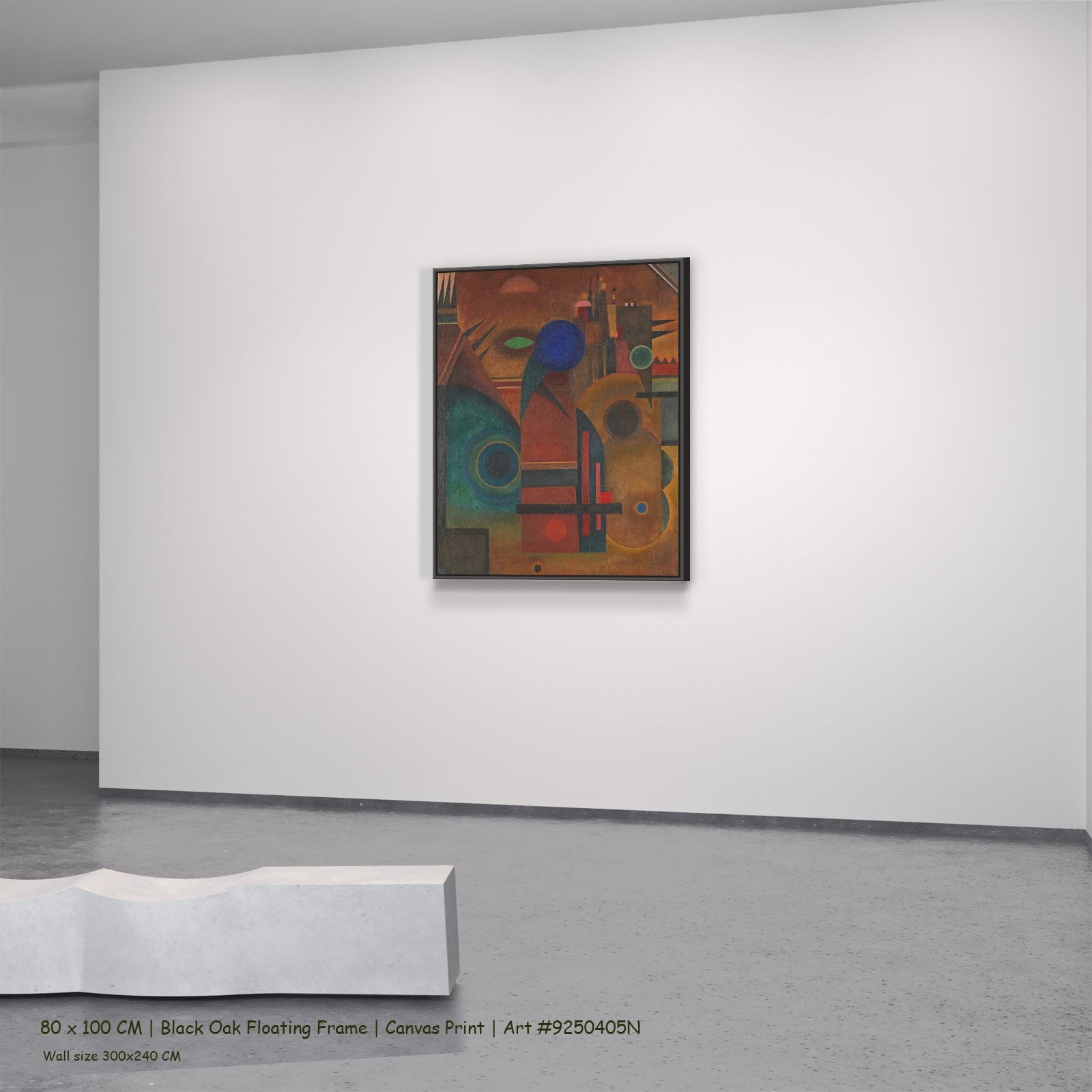 Composition with Blue Circle by Wassily Kandinsky in a black oak floating frame, large brown and blue Abstract canvas