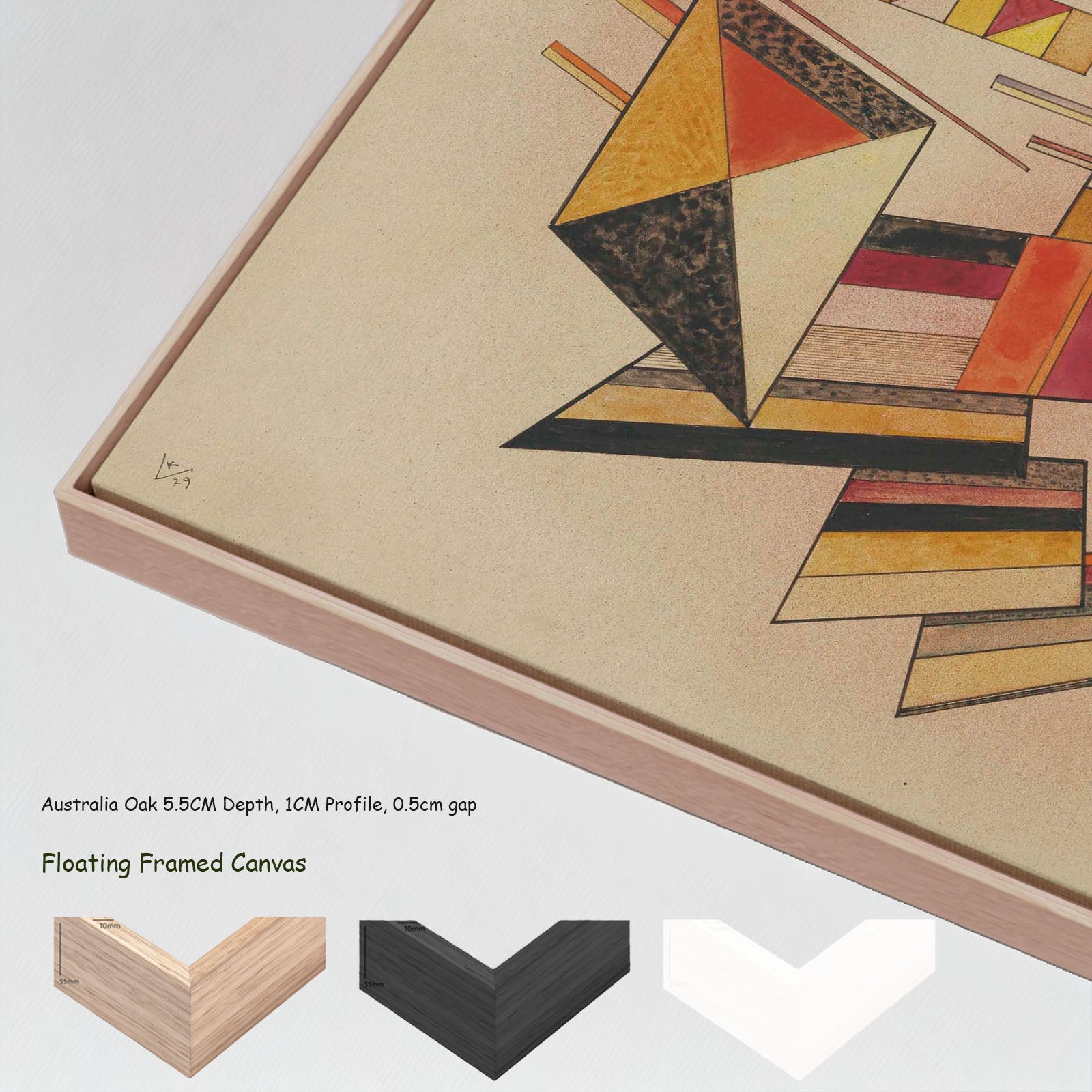 Ascending Structure by Wassily Kandinsky in a floating frame, large orange and white Geometric Abstract canvas print
