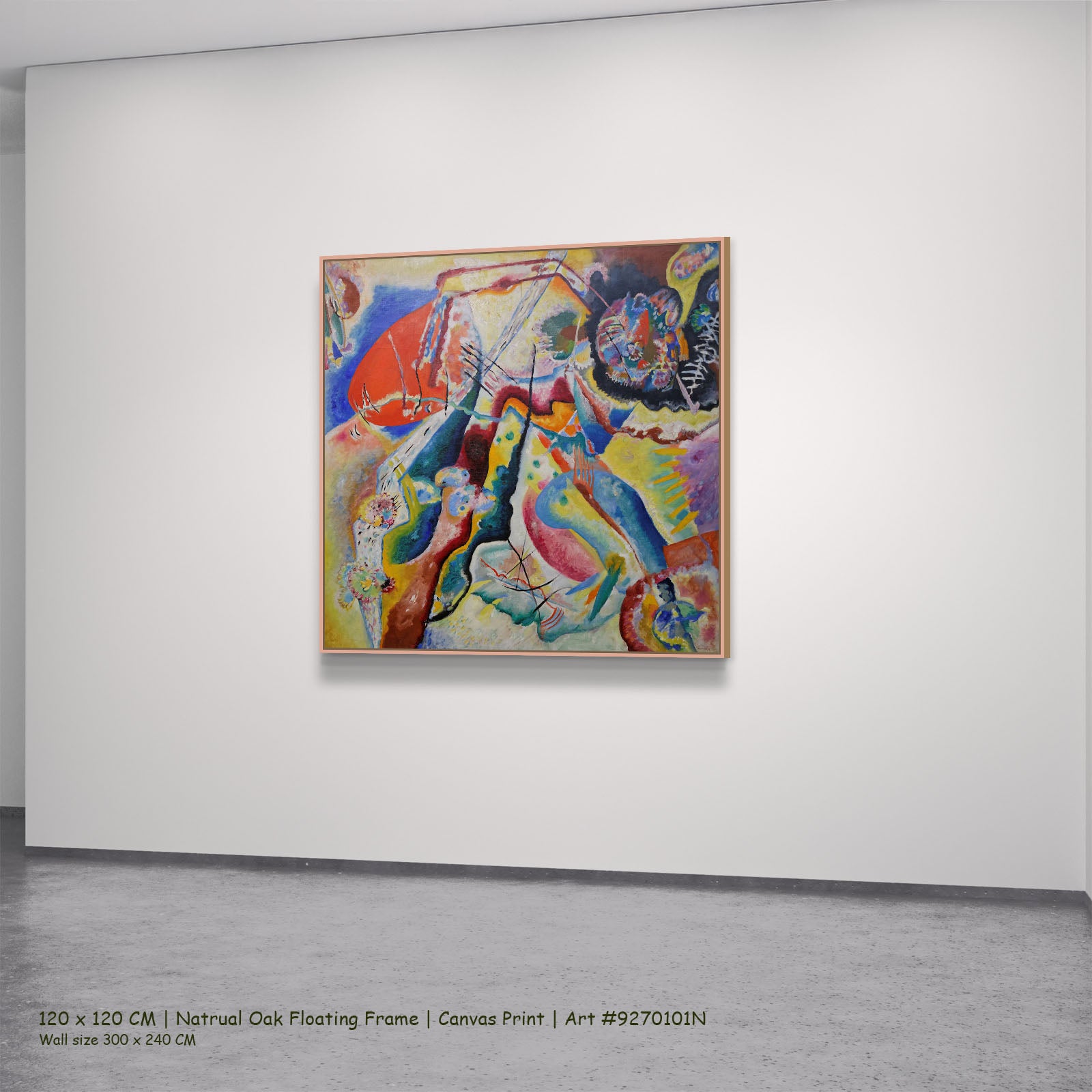 Painting with Red Spot by Wassily Kandinsky in a natural oak floating frame, large red and blue Colourful Abstract canvas