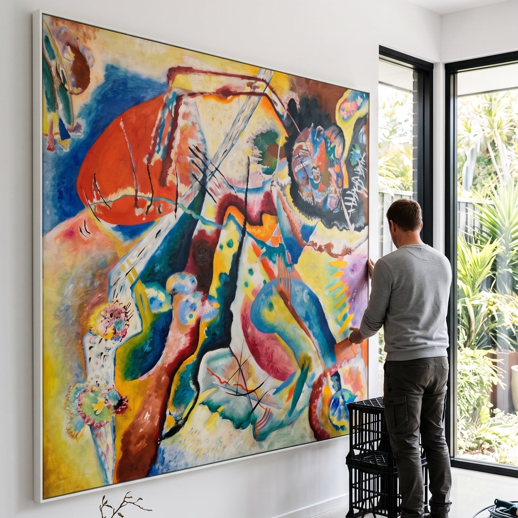 Painting with Red Spot by Wassily Kandinsky — large red and blue Colourful Abstract canvas art on a living room wall