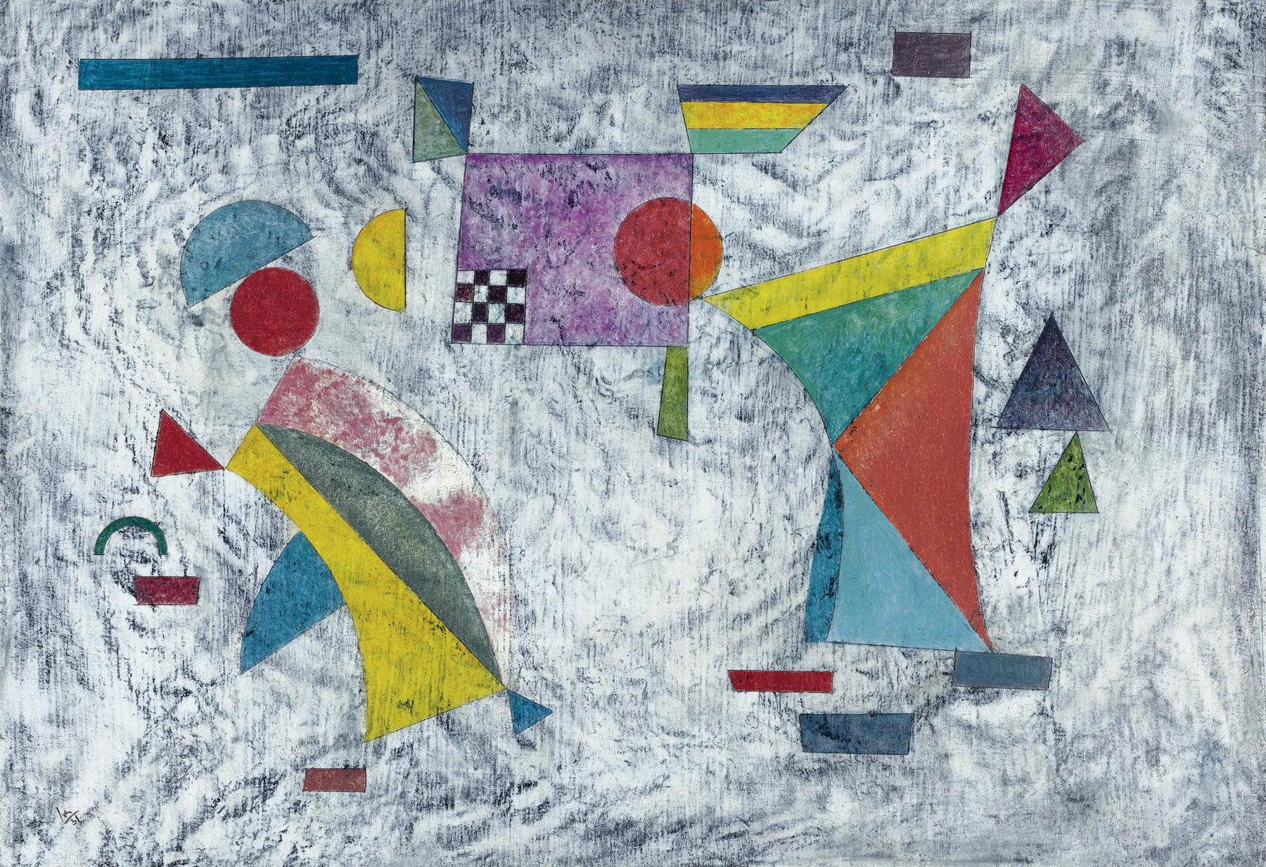 Large blue and yellow Modern Abstract canvas print of Grey Ground with Coloured Groups by Wassily Kandinsky