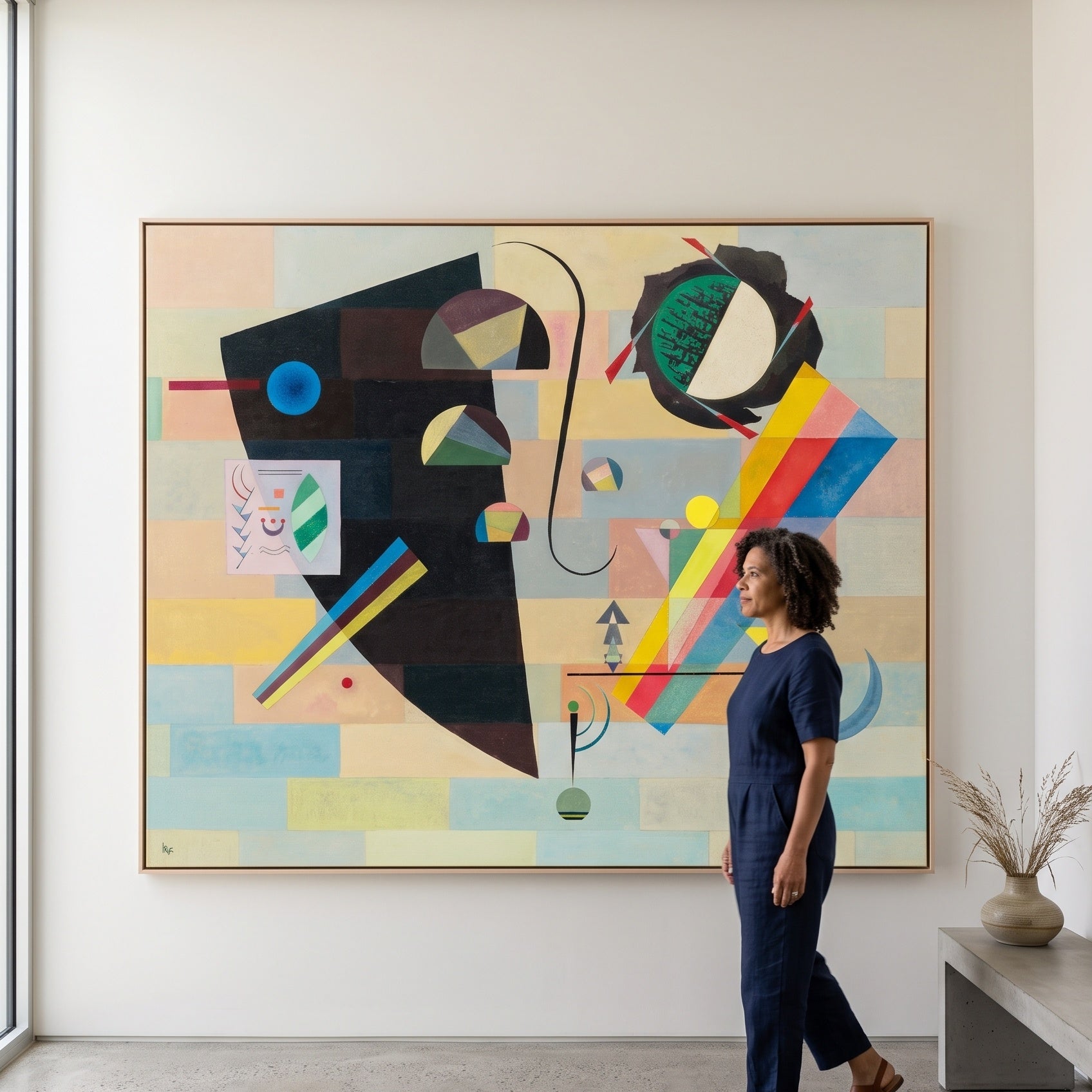 Black Form with Rainbow Band by Wassily Kandinsky — large black and white Abstract canvas art on a living room wall
