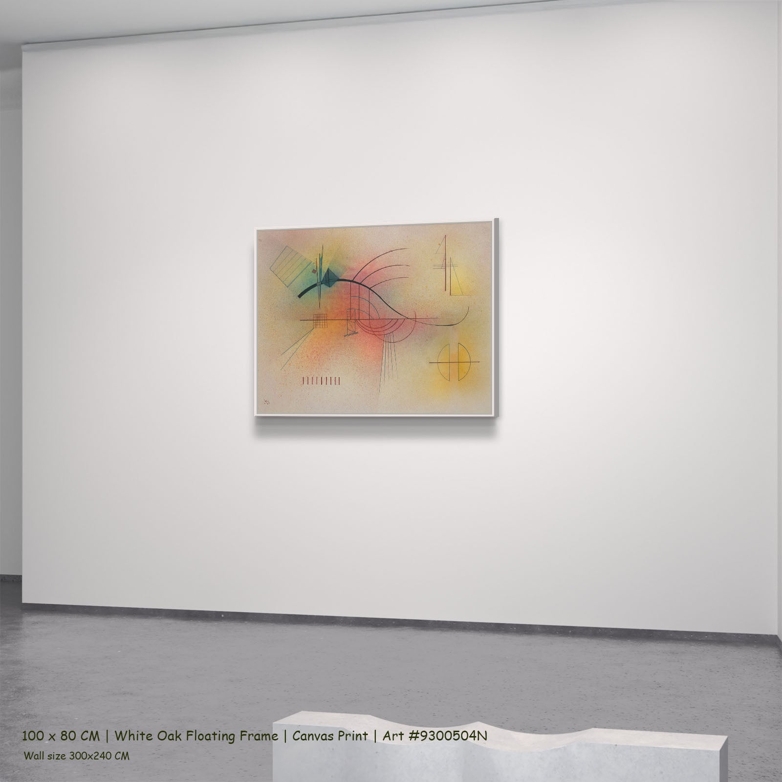 Abstract Composition with Black Arc by Wassily Kandinsky in a white oak floating frame, large yellow and white Geometric Abst