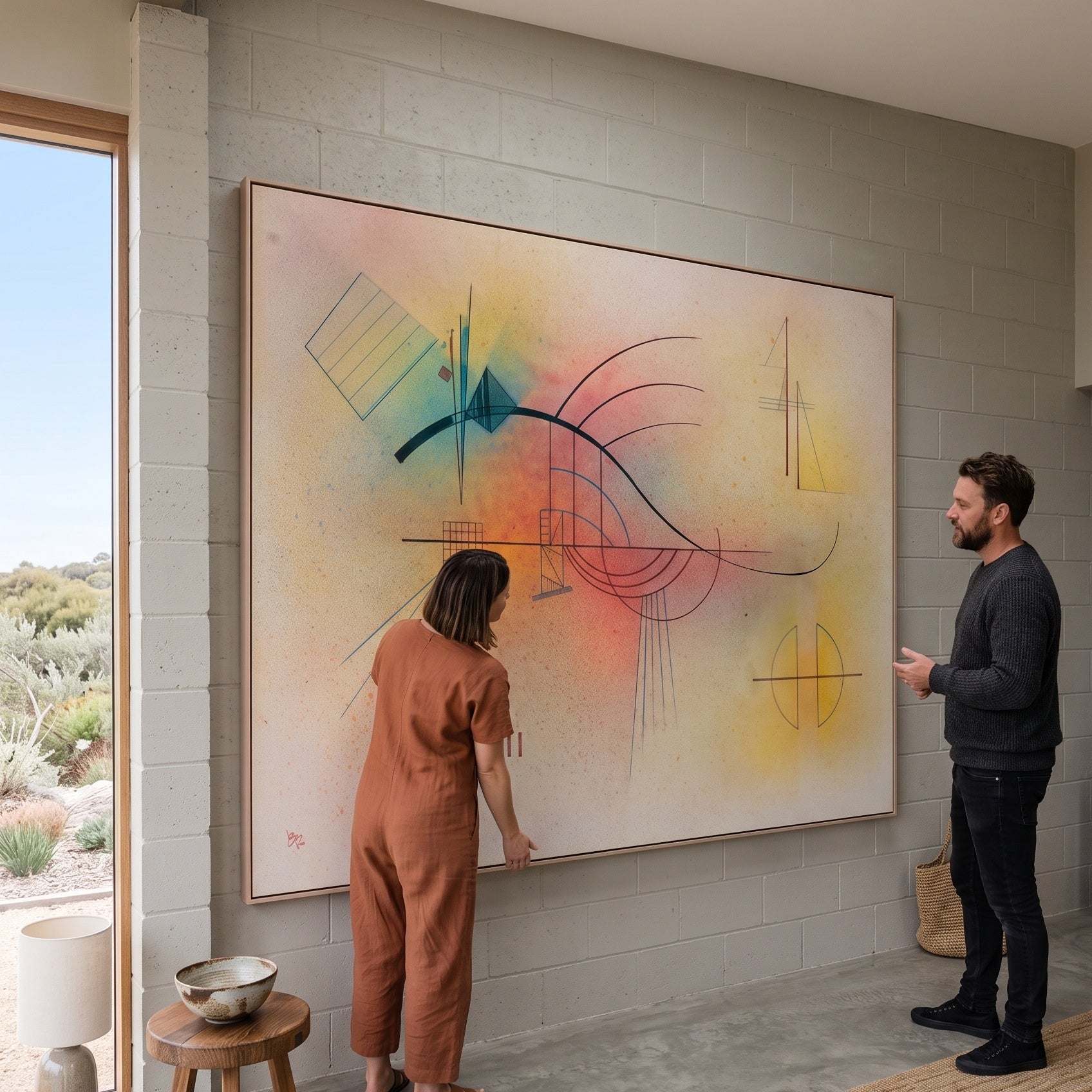 Abstract Composition with Black Arc by Wassily Kandinsky — large yellow and white Geometric Abstract canvas art on a living r