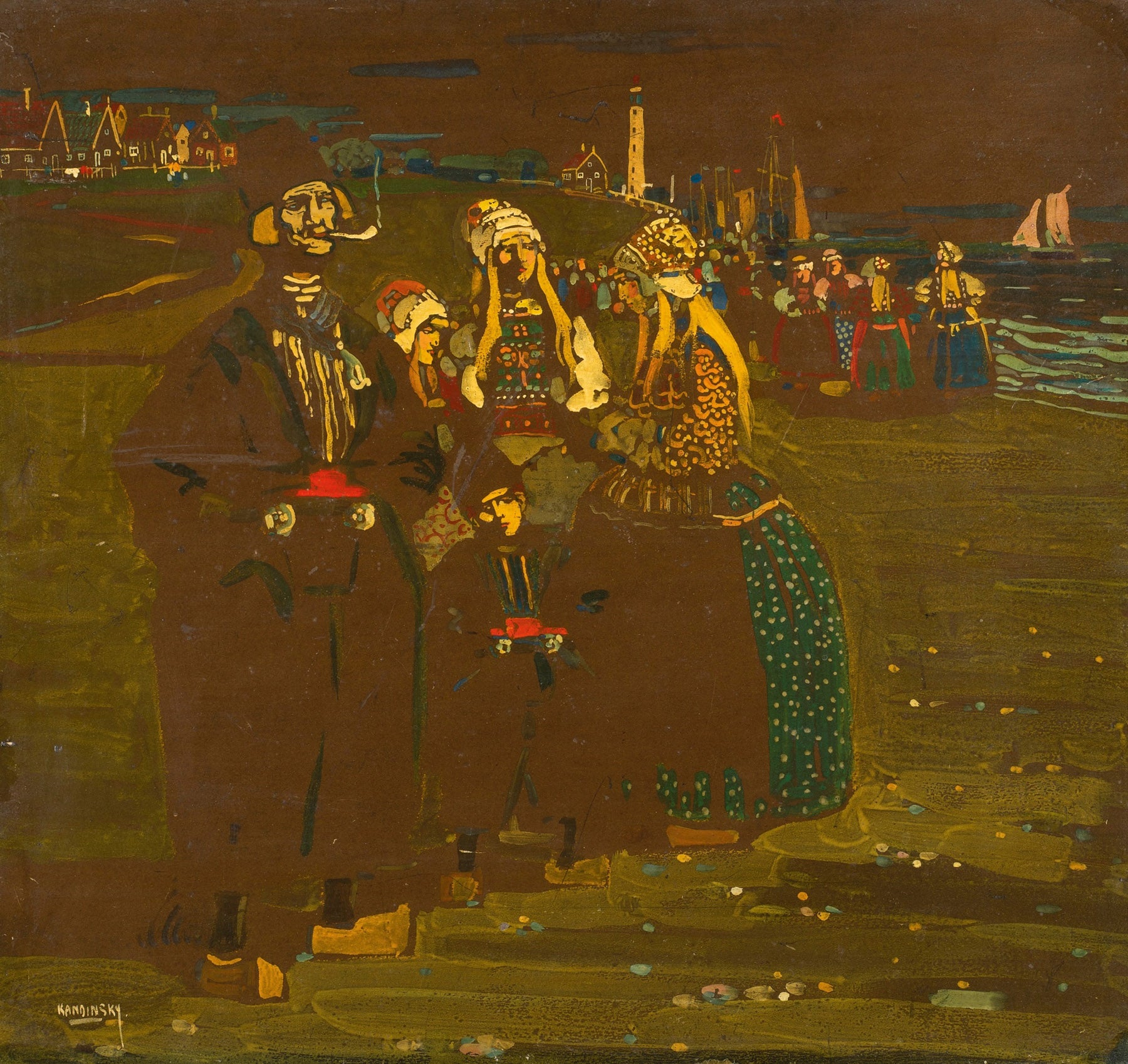 Large brown and olive Colourful Abstract canvas print of Women on the Shore by Wassily Kandinsky