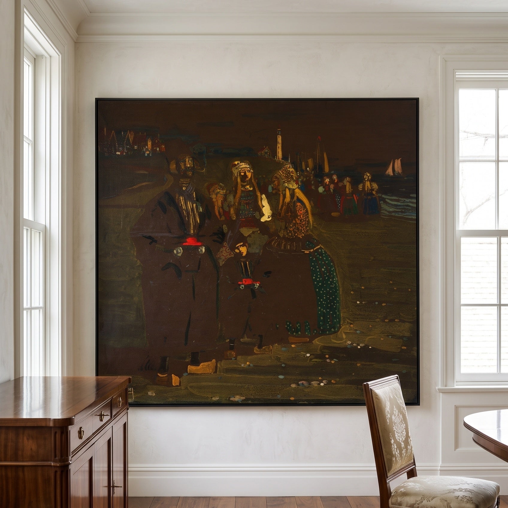Women on the Shore by Wassily Kandinsky — large brown and olive Colourful Abstract canvas art displayed on a wall