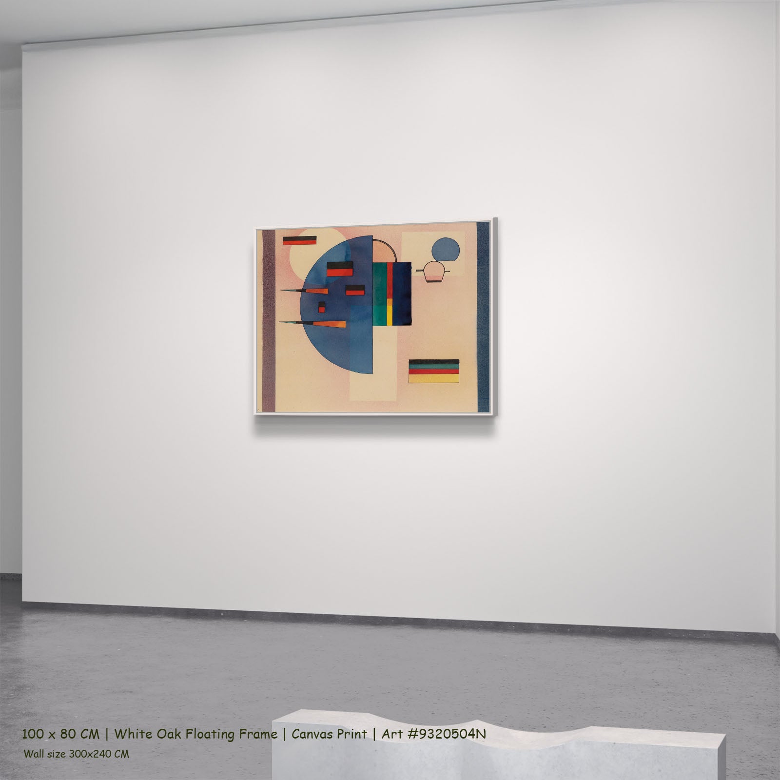 Composition with Blue Semicircle by Wassily Kandinsky in a white oak floating frame, large blue and red Modern Abstract canva