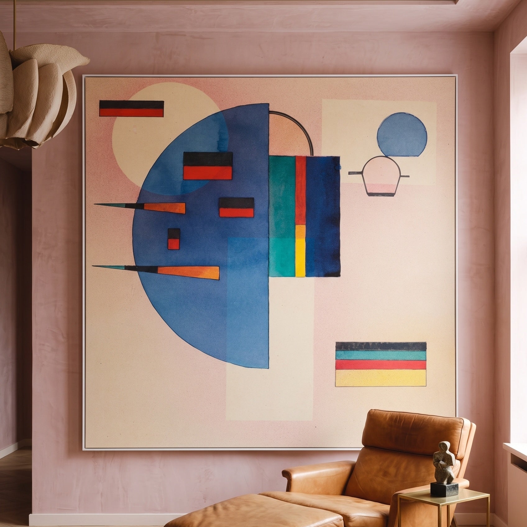 Composition with Blue Semicircle by Wassily Kandinsky — large blue and red Modern Abstract canvas art on a living room wall