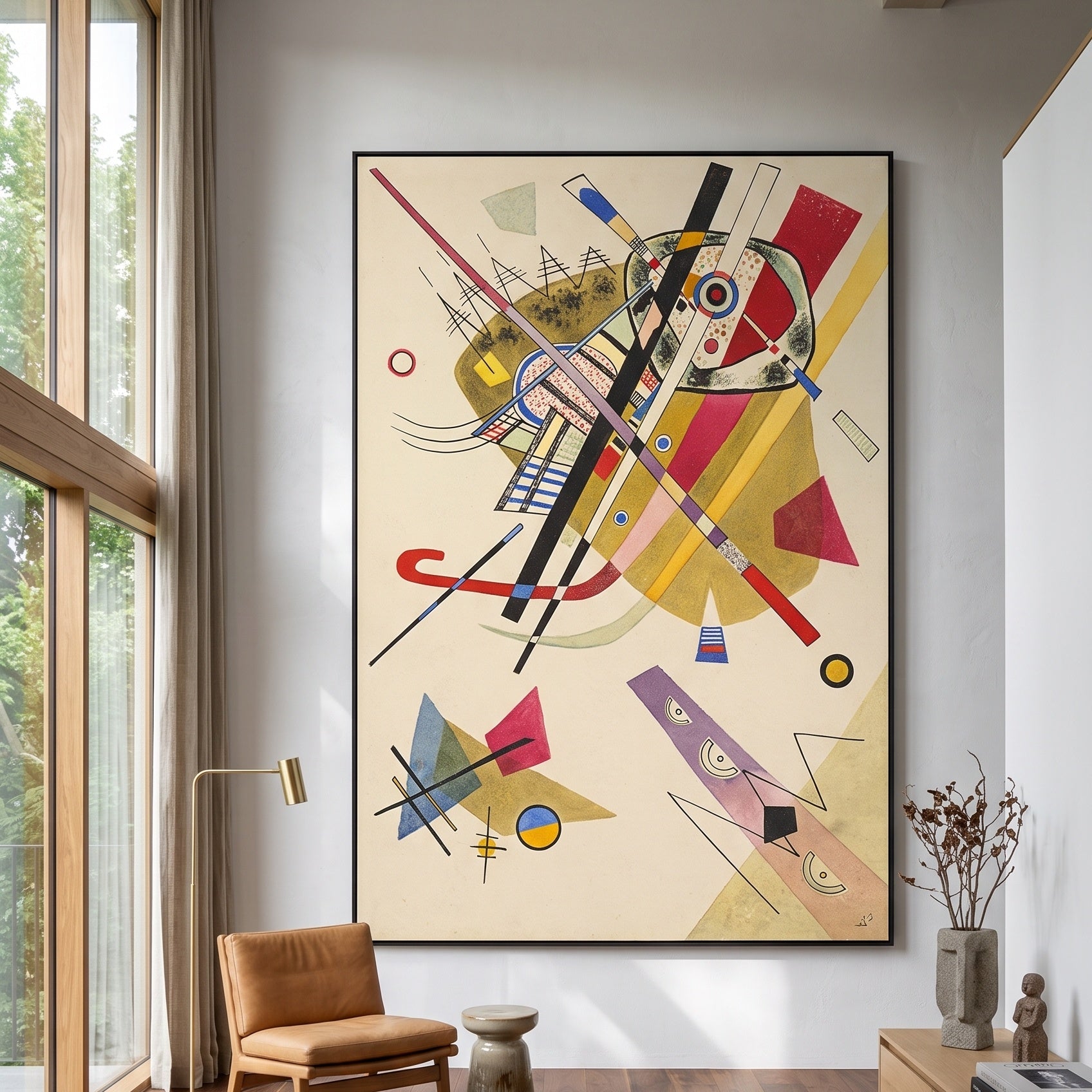 Abstract Composition with Crossing Lines by Wassily Kandinsky — large gold and white Abstract canvas art on a hallway wall