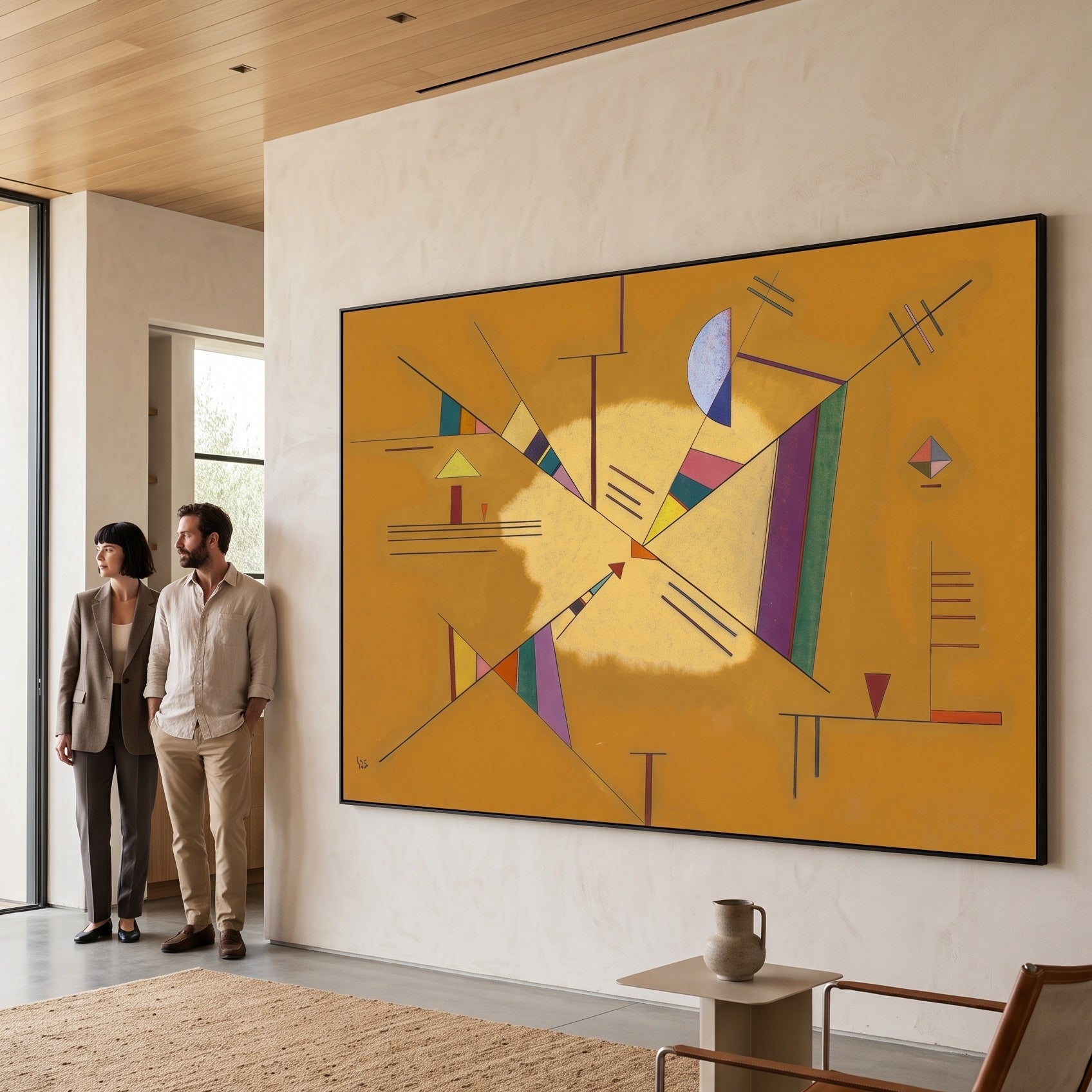 Abstract Composition on Orange by Wassily Kandinsky — large orange and white Geometric Abstract canvas art displayed on a wal