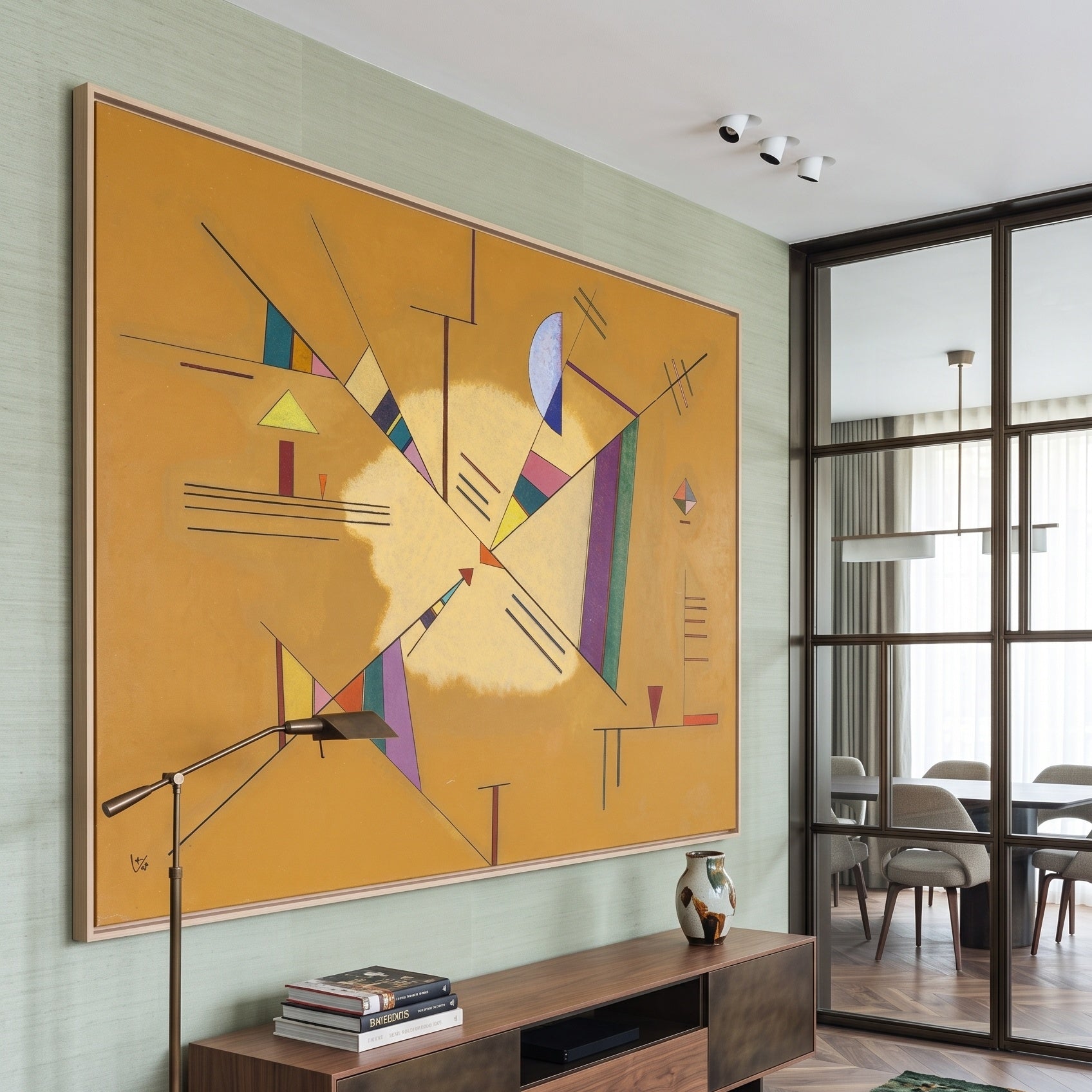 Abstract Composition on Orange by Wassily Kandinsky — large orange and white Geometric Abstract canvas art on a entryway wall